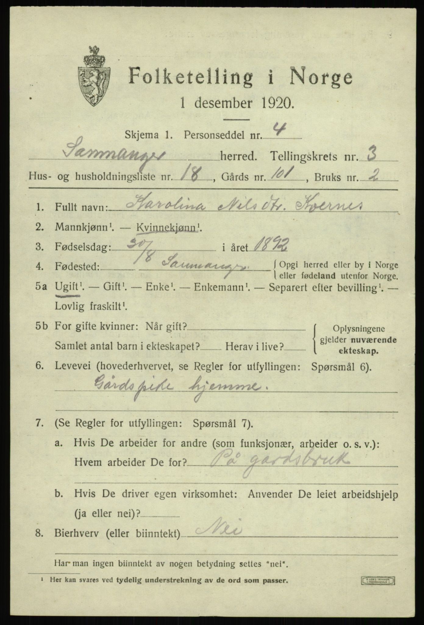 SAB, 1920 census for Samnanger, 1920, p. 1667