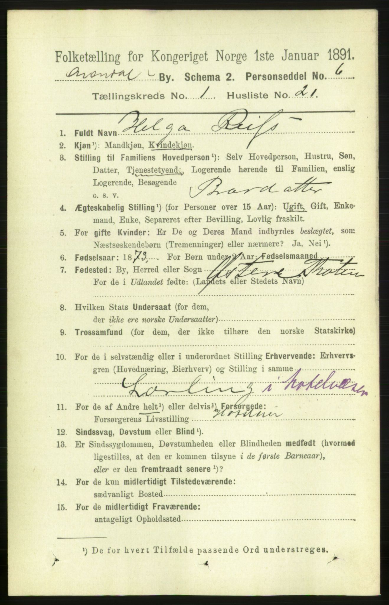 RA, 1891 census for 0903 Arendal, 1891, p. 1216