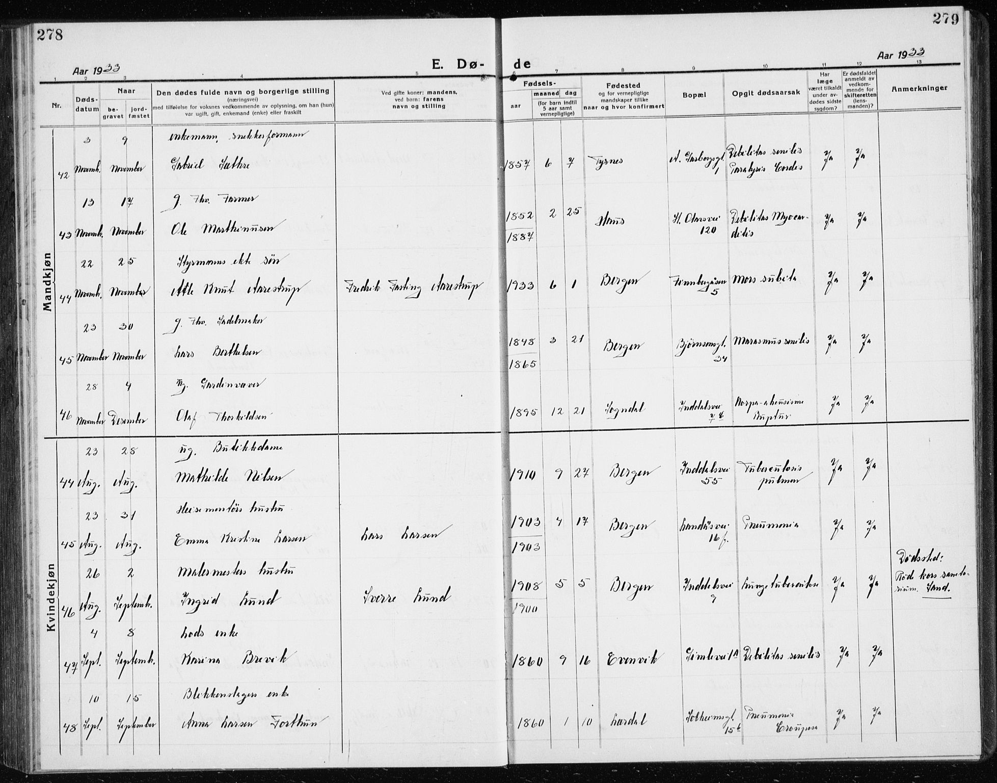 Årstad Sokneprestembete, AV/SAB-A-79301/H/Hab/L0025: Parish register (copy) no. D 2, 1922-1940, p. 278-279