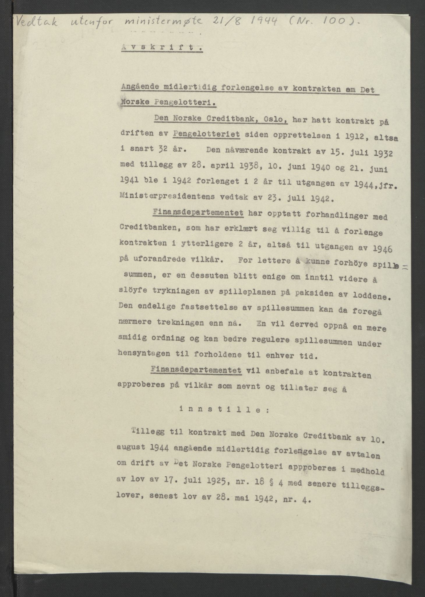 NS-administrasjonen 1940-1945 (Statsrådsekretariatet, de kommisariske statsråder mm), AV/RA-S-4279/D/Db/L0090: Foredrag til vedtak utenfor ministermøte, 1942-1945, p. 325