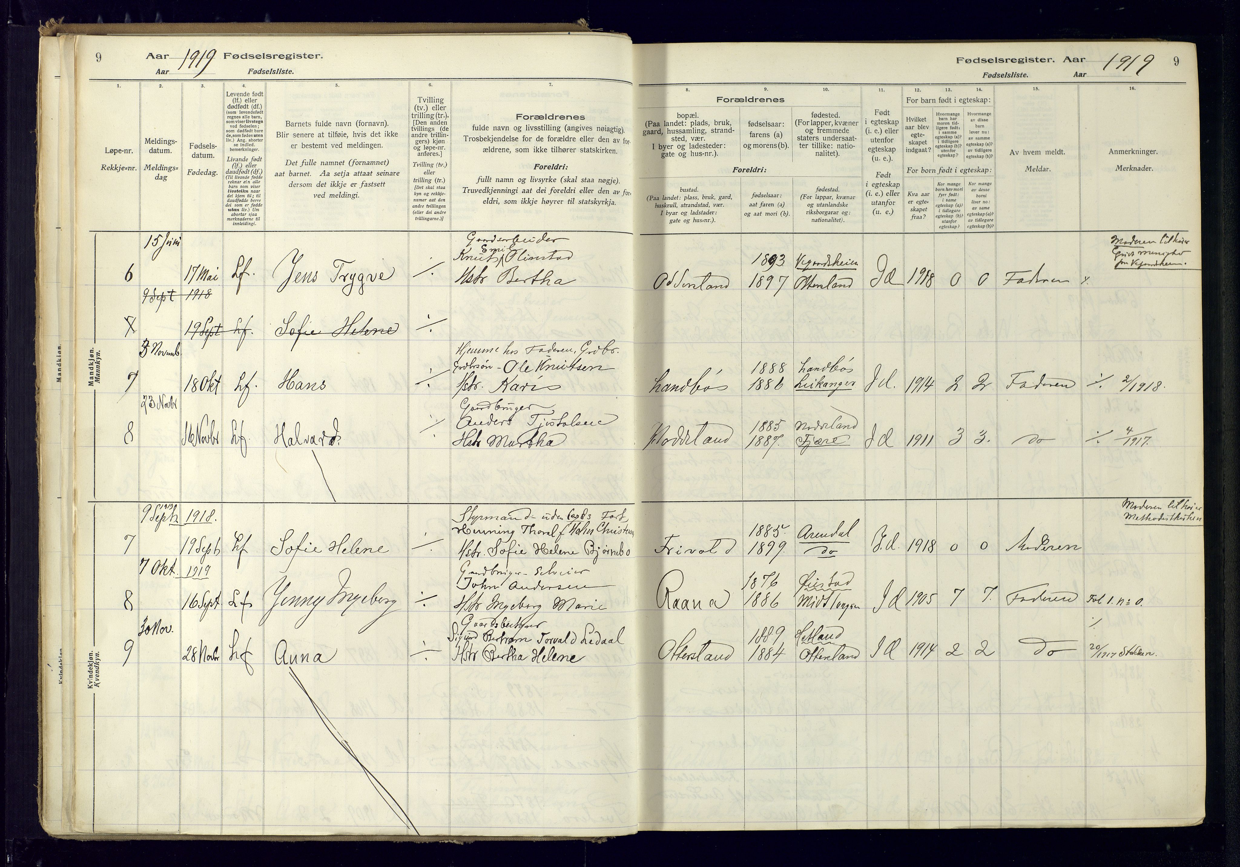 Austre Moland sokneprestkontor, SAK/1111-0001/J/Ja/L0001: Birth register no. A-VI-25, 1916-1975, p. 9