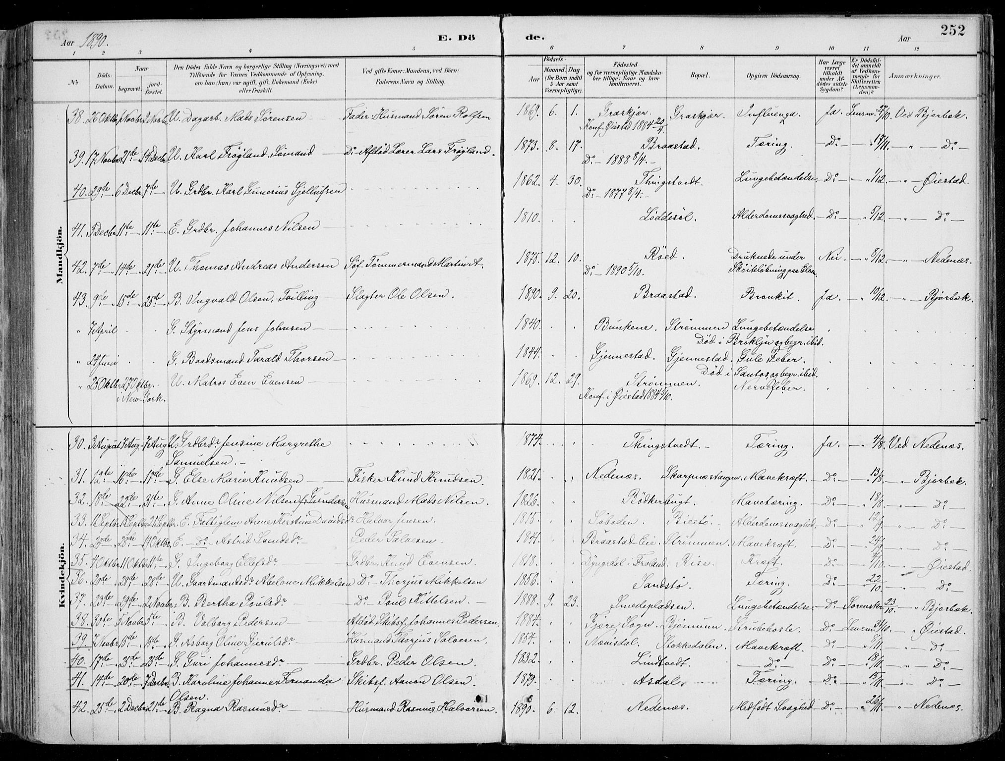 Øyestad sokneprestkontor, AV/SAK-1111-0049/F/Fa/L0017: Parish register (official) no. A 17, 1887-1896, p. 252