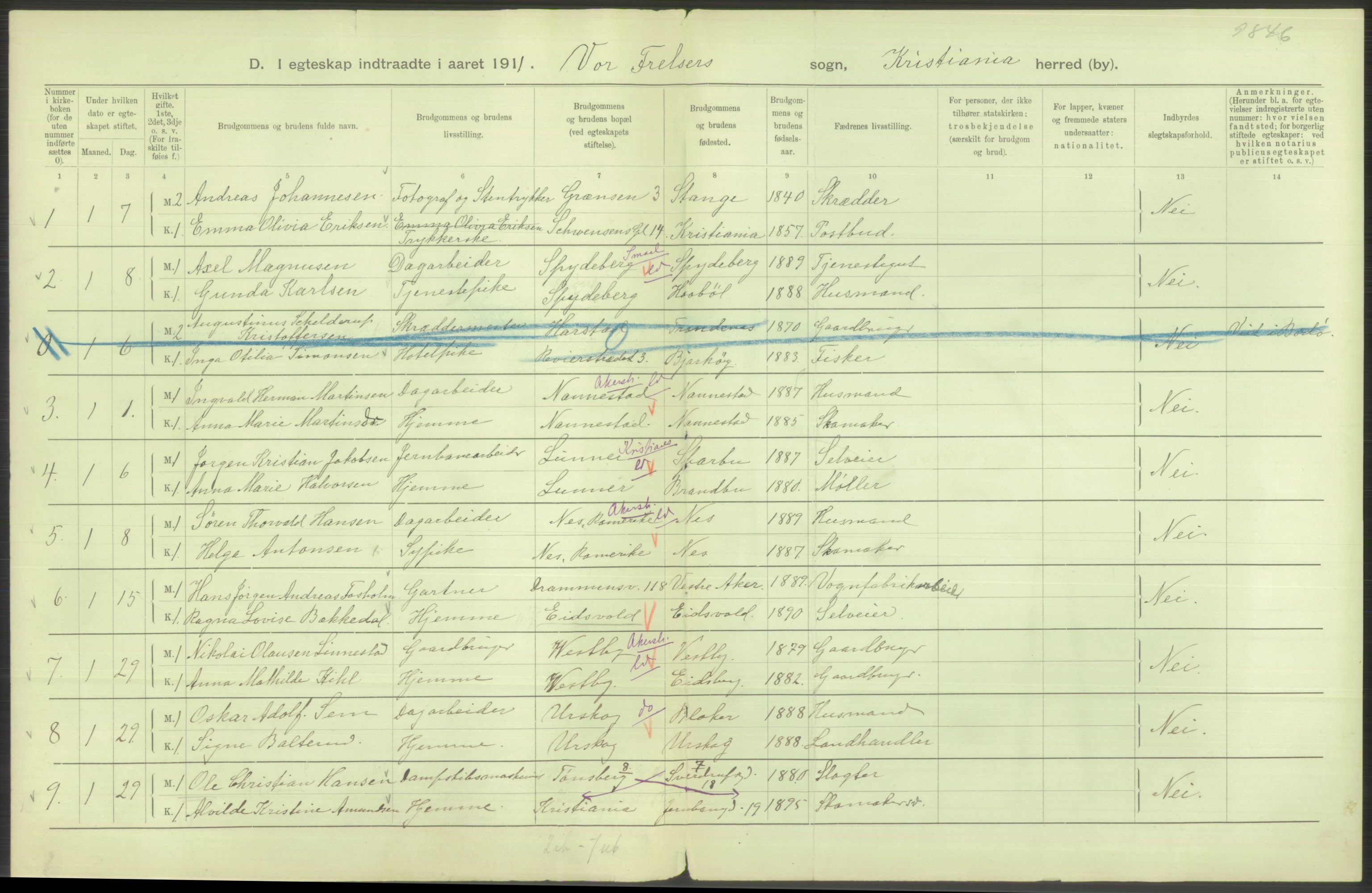 Statistisk sentralbyrå, Sosiodemografiske emner, Befolkning, AV/RA-S-2228/D/Df/Dfb/Dfba/L0008: Kristiania: Gifte, 1911, p. 482