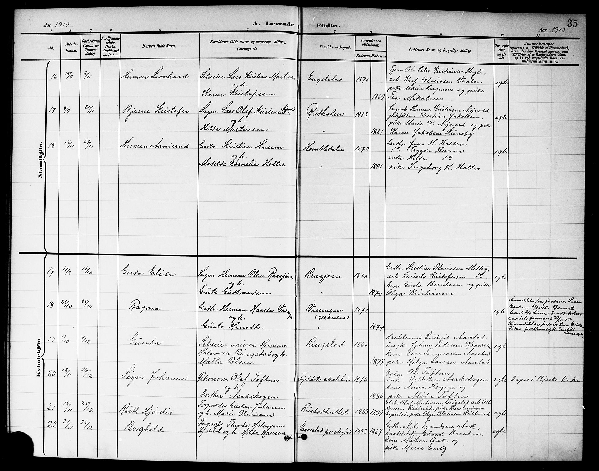 Nannestad prestekontor Kirkebøker, SAO/A-10414a/G/Ga/L0002: Parish register (copy) no. I 2, 1901-1913, p. 35