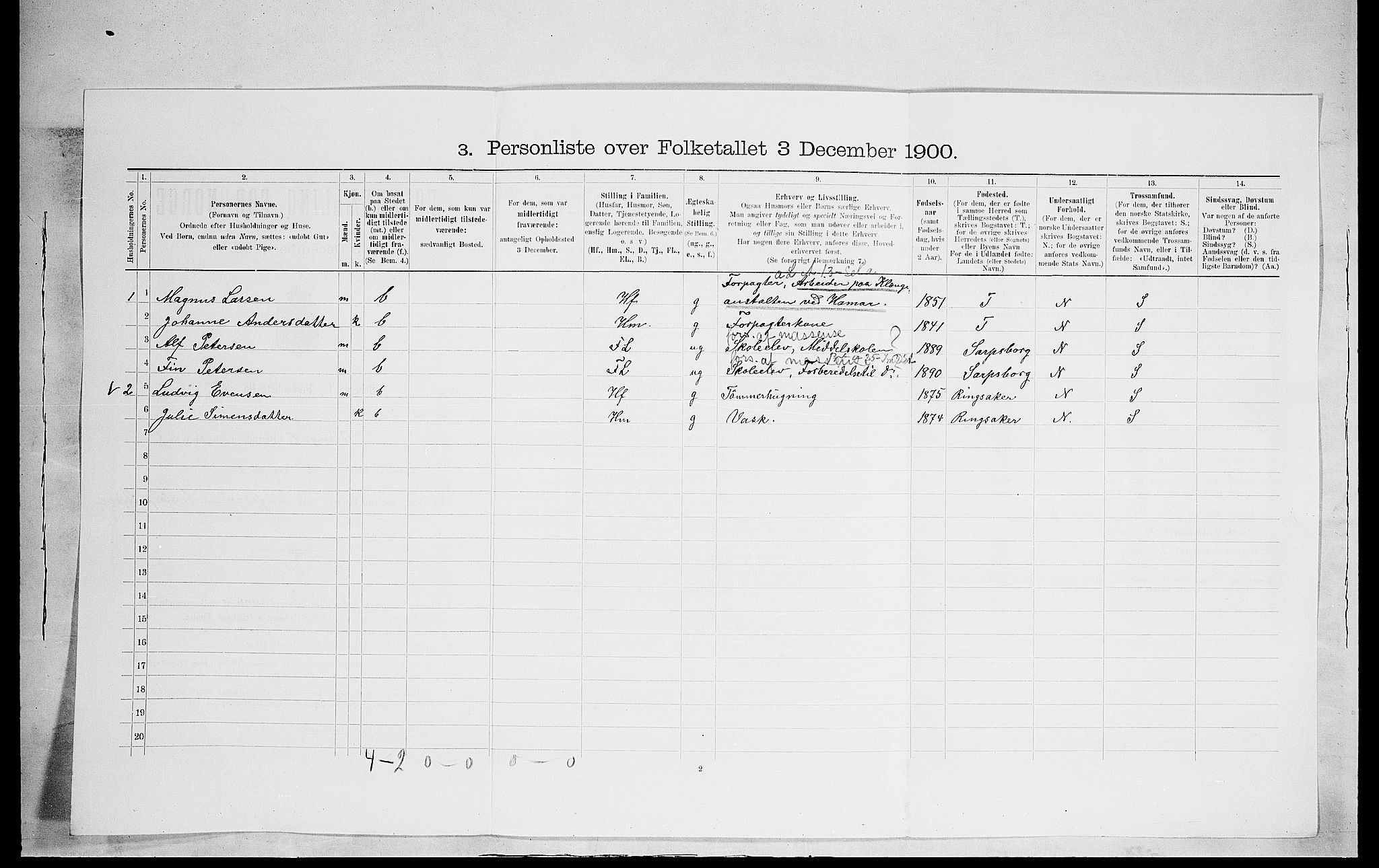 SAH, 1900 census for Vang, 1900, p. 480