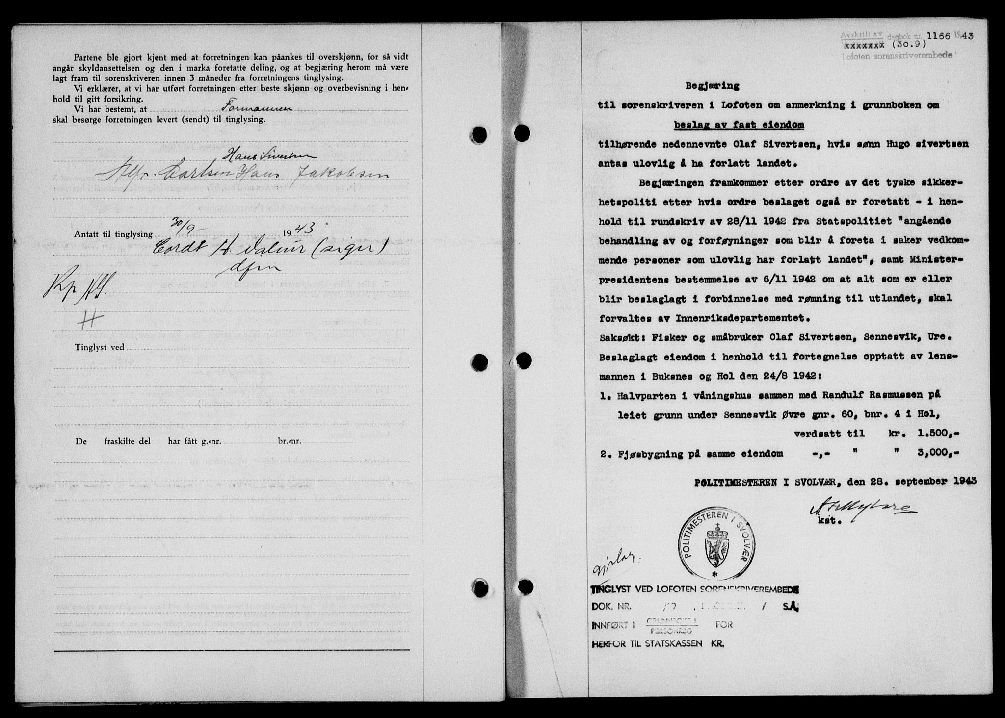 Lofoten sorenskriveri, SAT/A-0017/1/2/2C/L0011a: Mortgage book no. 11a, 1943-1943, Diary no: : 1166/1943