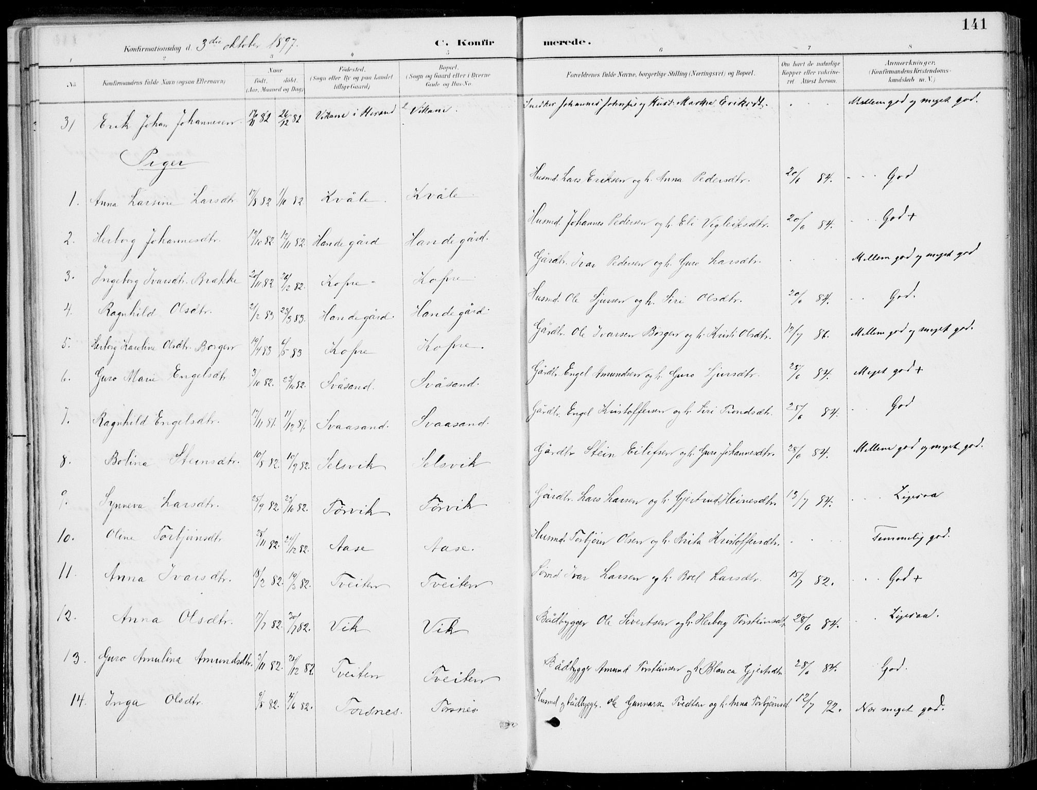 Strandebarm sokneprestembete, AV/SAB-A-78401/H/Haa: Parish register (official) no. E  1, 1886-1908, p. 141