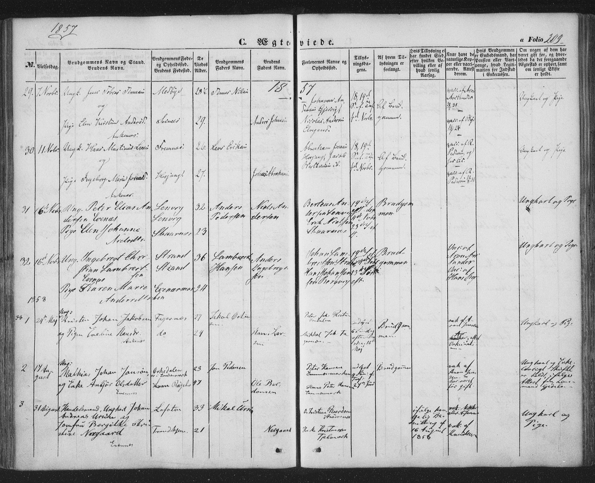 Ministerialprotokoller, klokkerbøker og fødselsregistre - Nordland, SAT/A-1459/863/L0895: Parish register (official) no. 863A07, 1851-1860, p. 209