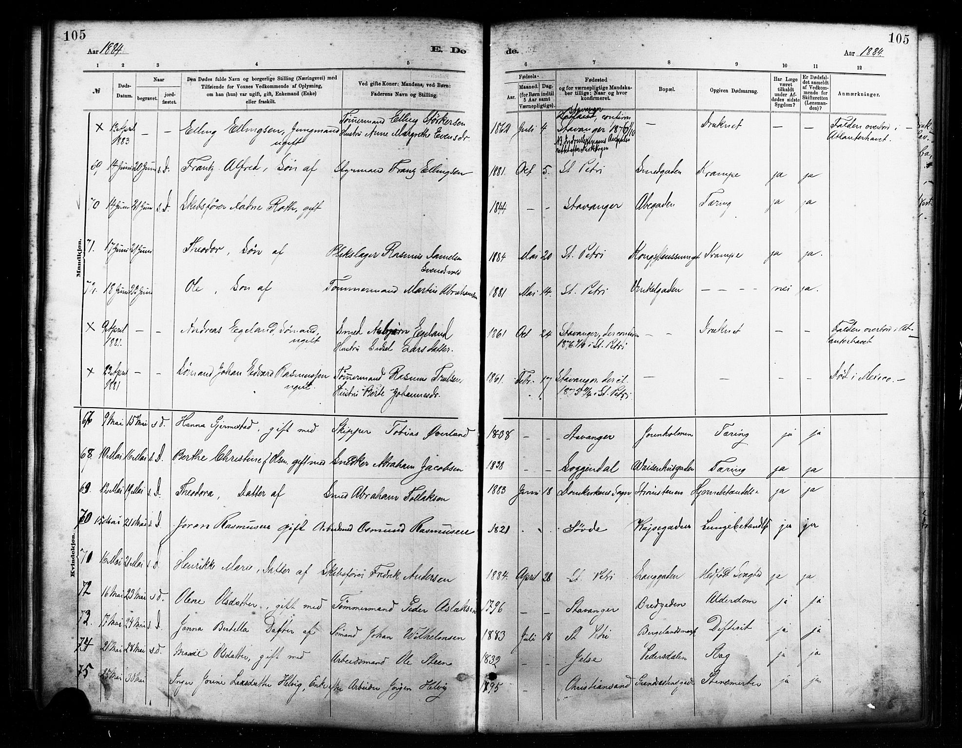 St. Petri sokneprestkontor, AV/SAST-A-101813/001/30/30BA/L0017: Parish register (official) no. A 17, 1879-1895, p. 105