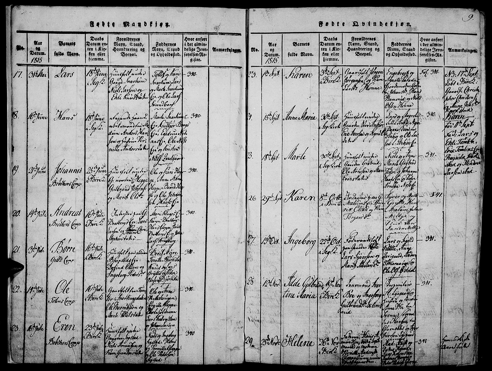 Biri prestekontor, SAH/PREST-096/H/Ha/Haa/L0003: Parish register (official) no. 3, 1814-1828, p. 9