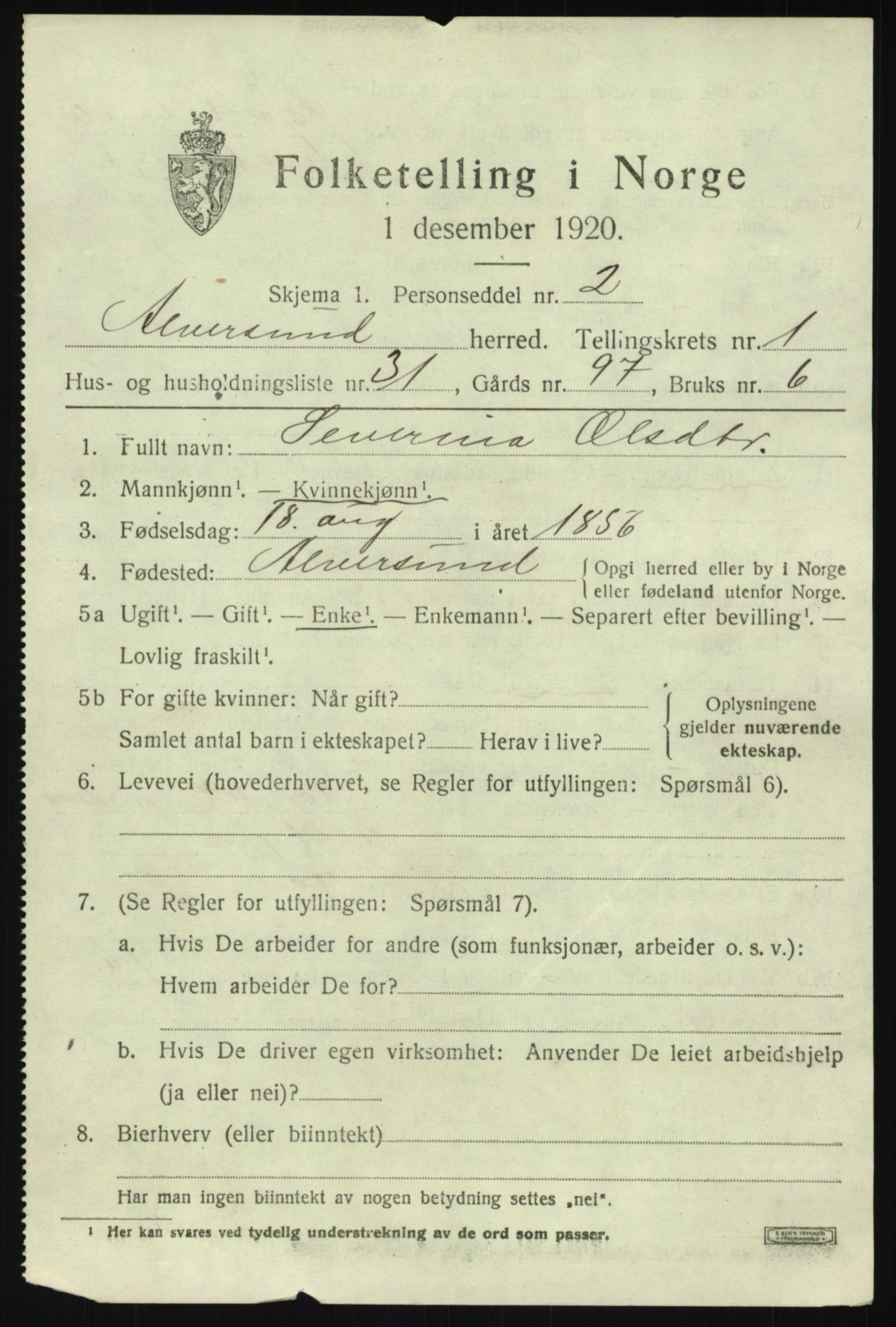 SAB, 1920 census for Alversund, 1920, p. 1548