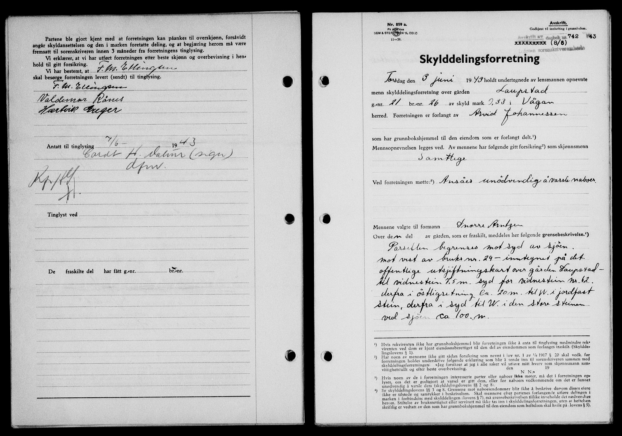 Lofoten sorenskriveri, SAT/A-0017/1/2/2C/L0011a: Mortgage book no. 11a, 1943-1943, Diary no: : 742/1943