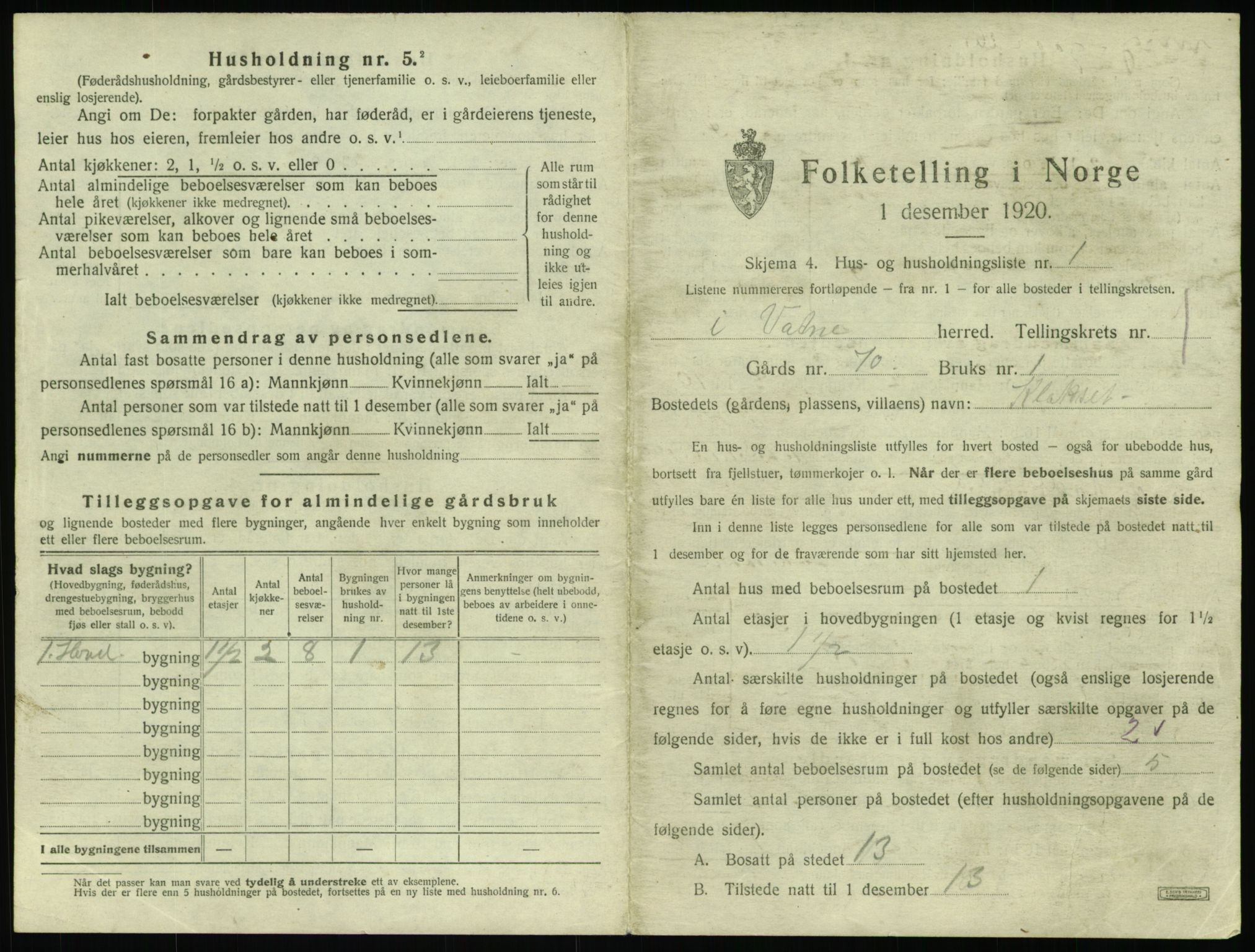 SAT, 1920 census for Vatne, 1920, p. 40