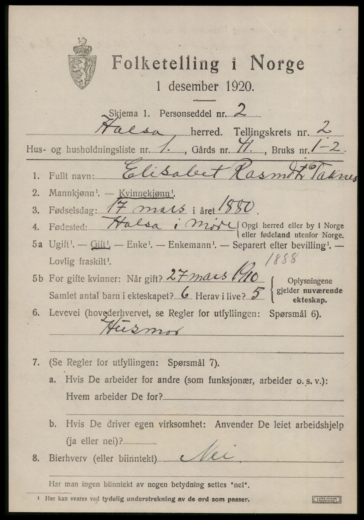 SAT, 1920 census for Halsa, 1920, p. 900