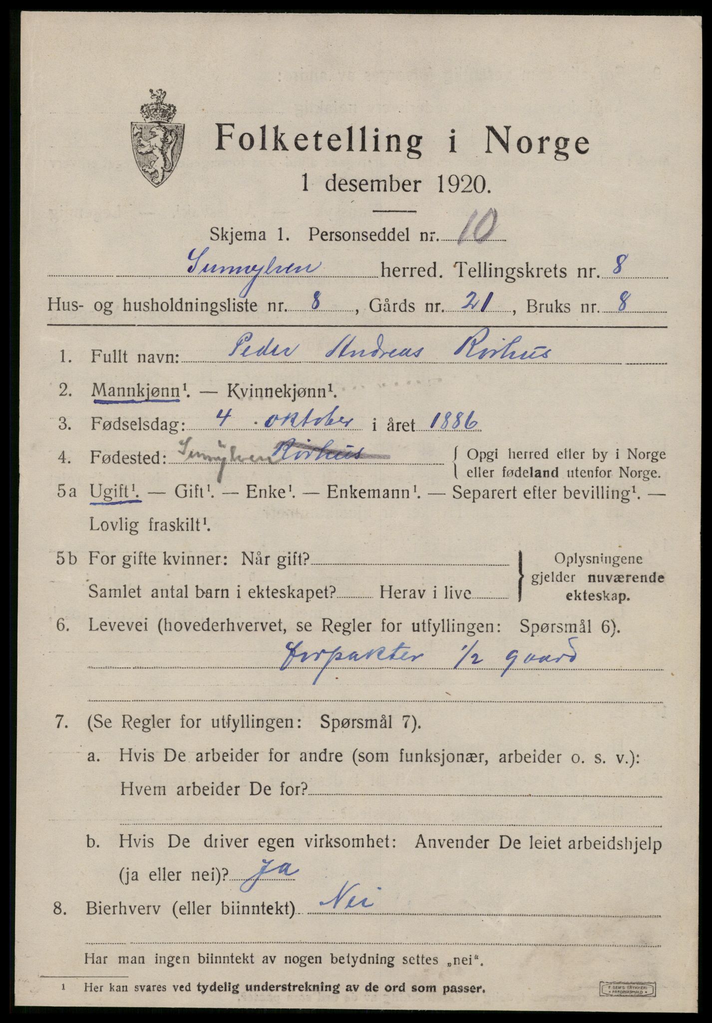 SAT, 1920 census for Sunnylven, 1920, p. 2860