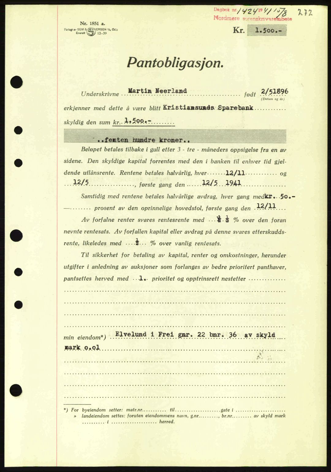 Nordmøre sorenskriveri, AV/SAT-A-4132/1/2/2Ca: Mortgage book no. B88, 1941-1942, Diary no: : 1424/1941