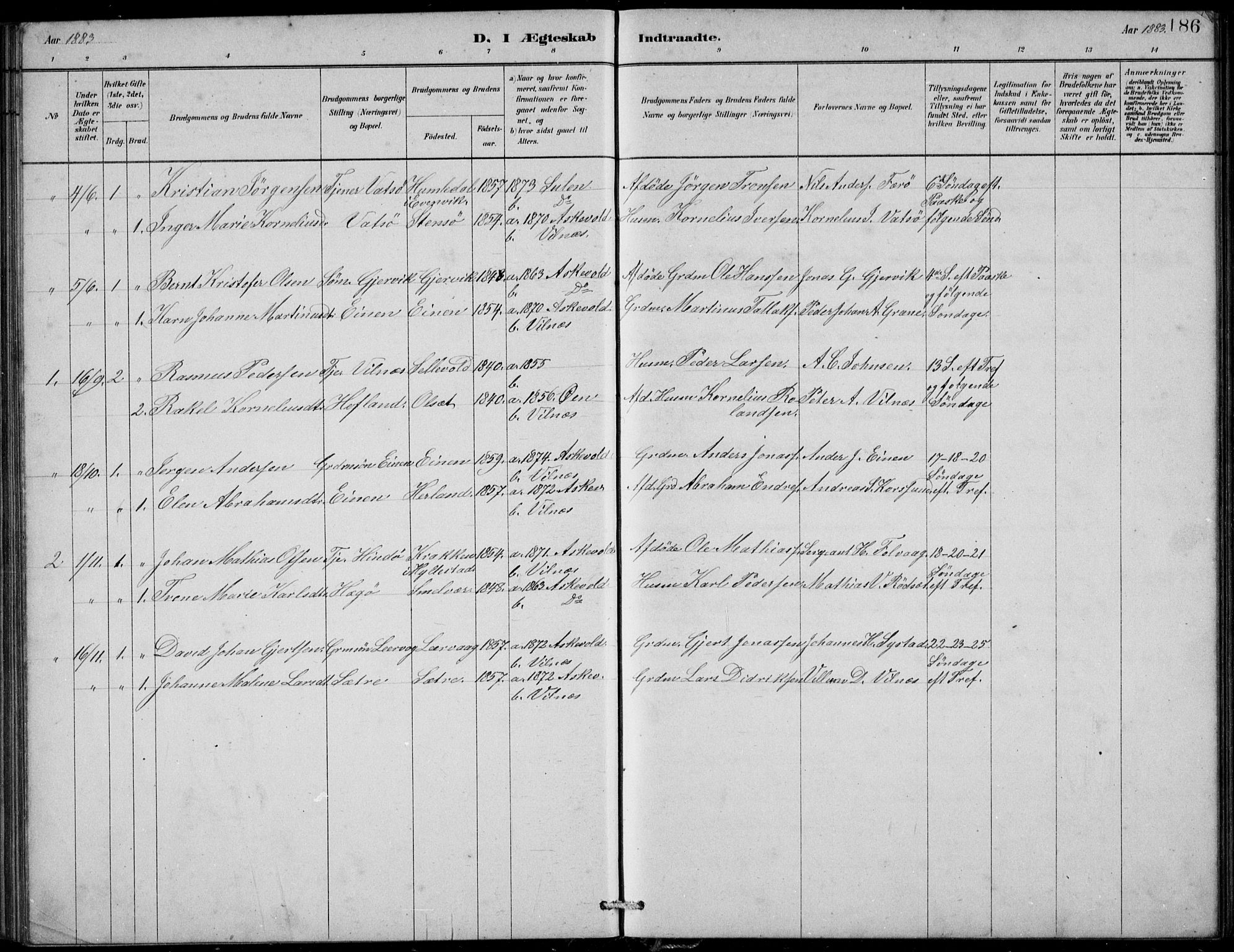 Askvoll sokneprestembete, AV/SAB-A-79501/H/Hab/Habb/L0001: Parish register (copy) no. B 1, 1879-1909, p. 186