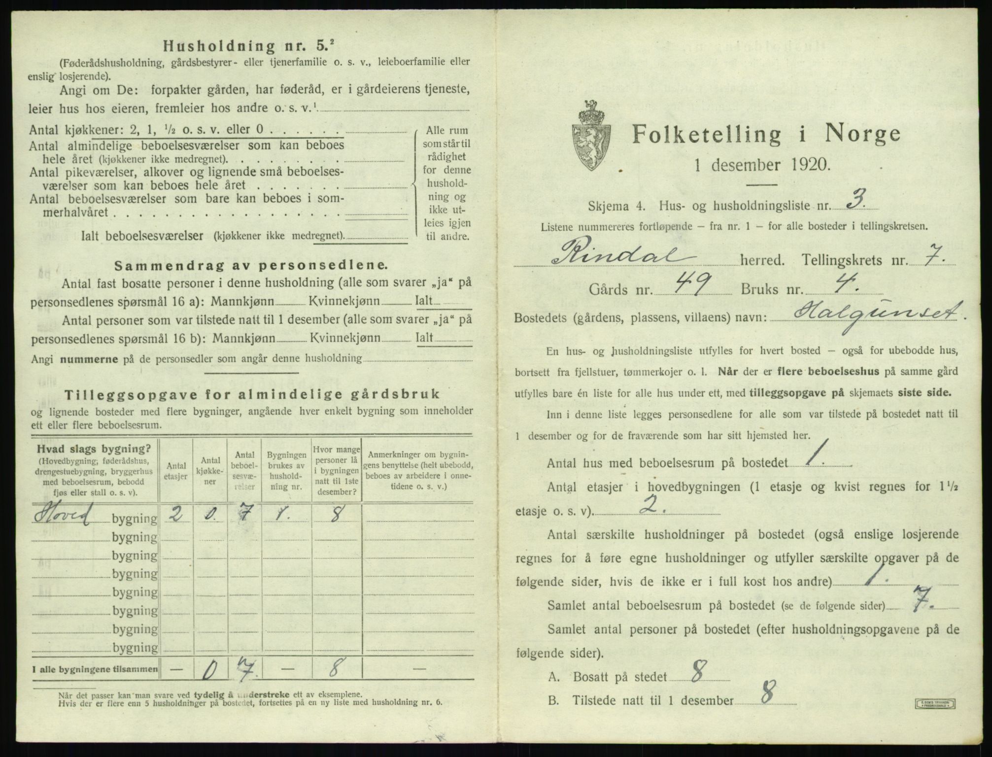 SAT, 1920 census for Rindal, 1920, p. 474