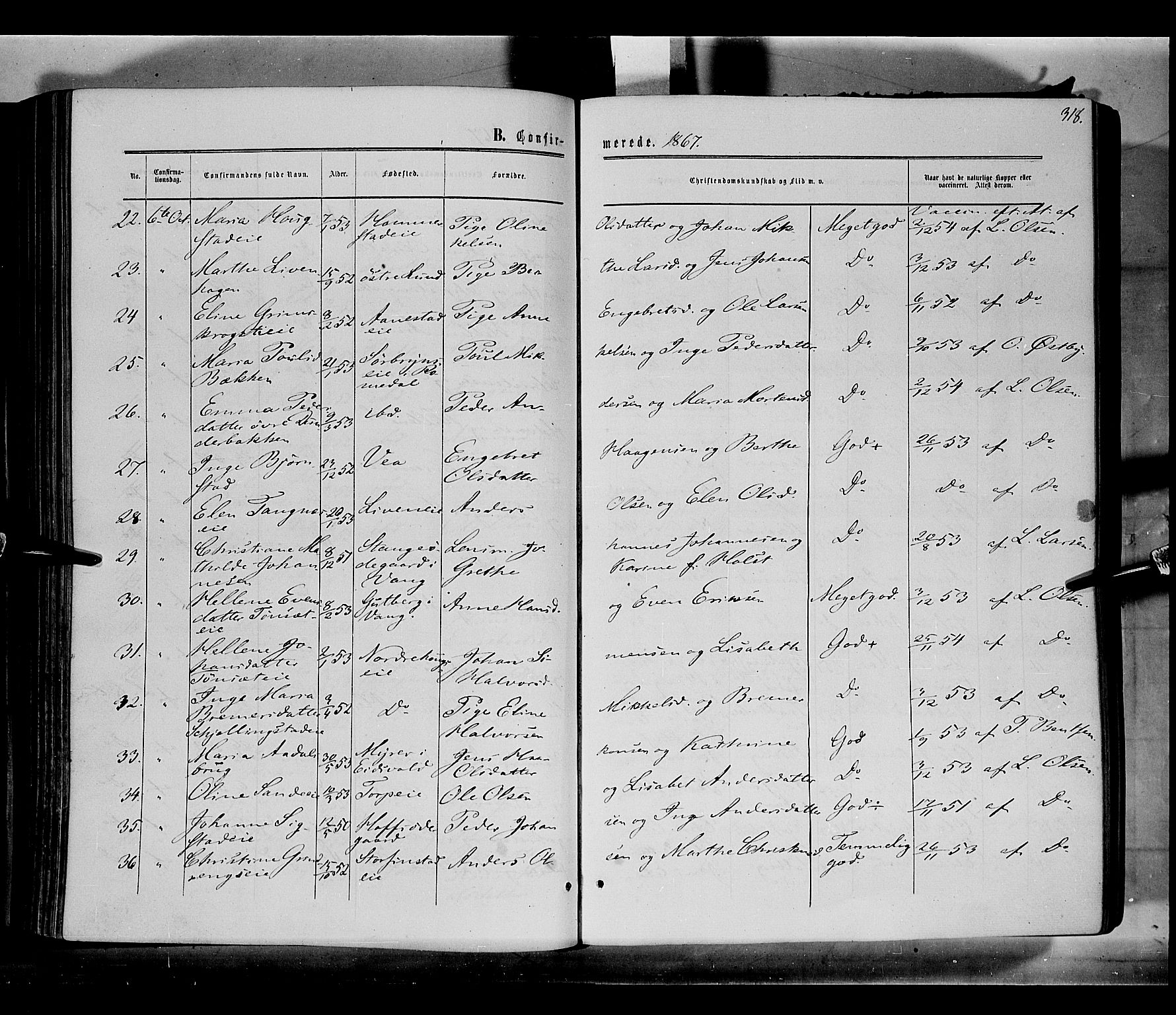 Løten prestekontor, AV/SAH-PREST-022/K/Ka/L0008: Parish register (official) no. 8, 1860-1877, p. 318