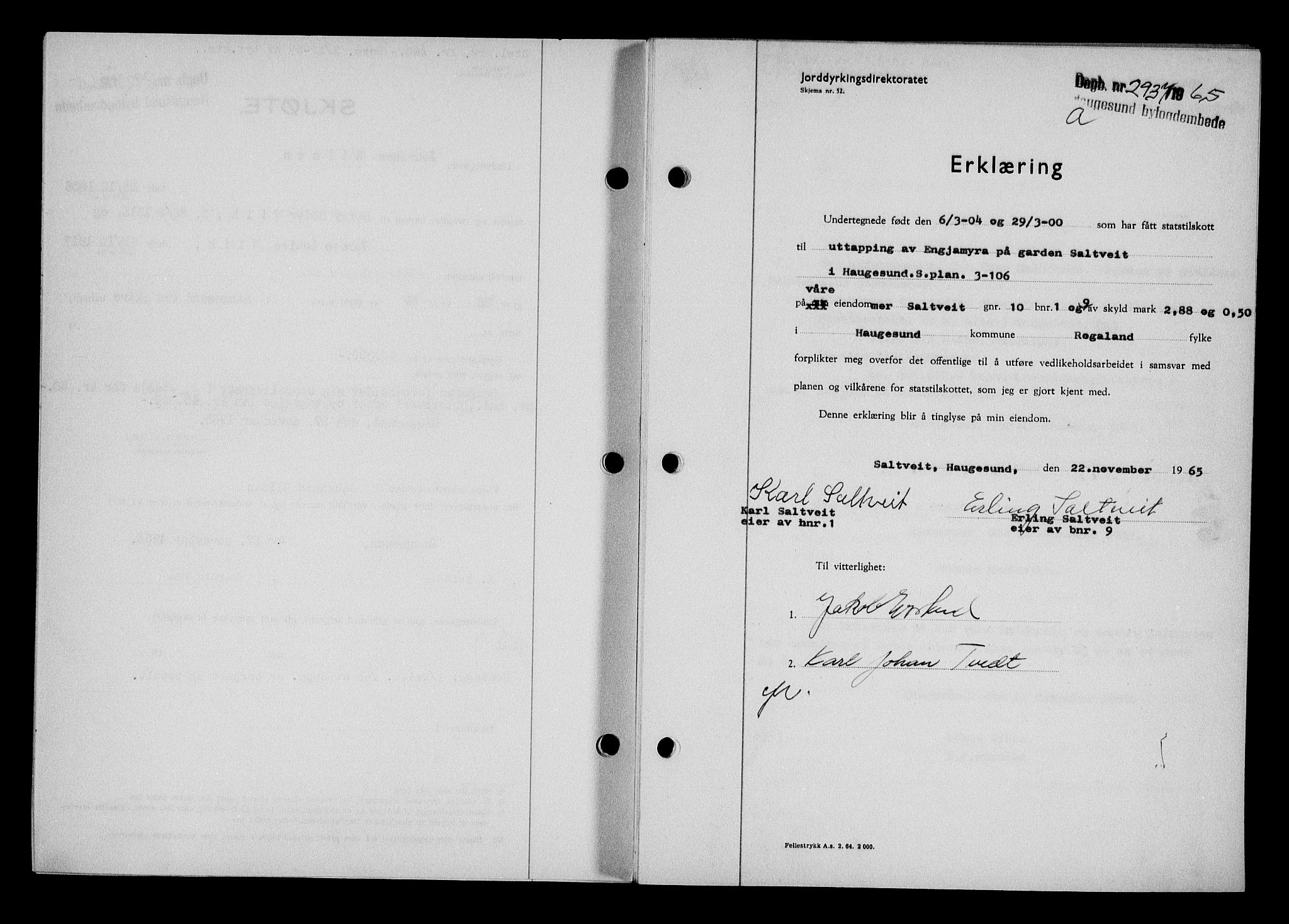 Haugesund tingrett, AV/SAST-A-101415/01/II/IIC/L0076: Mortgage book no. A 17, 1965-1966, Diary no: : 2937/1965