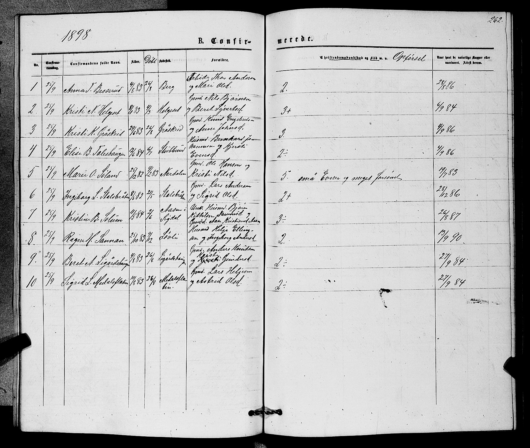 Sigdal kirkebøker, SAKO/A-245/G/Gb/L0002: Parish register (copy) no. II 2, 1875-1900, p. 262