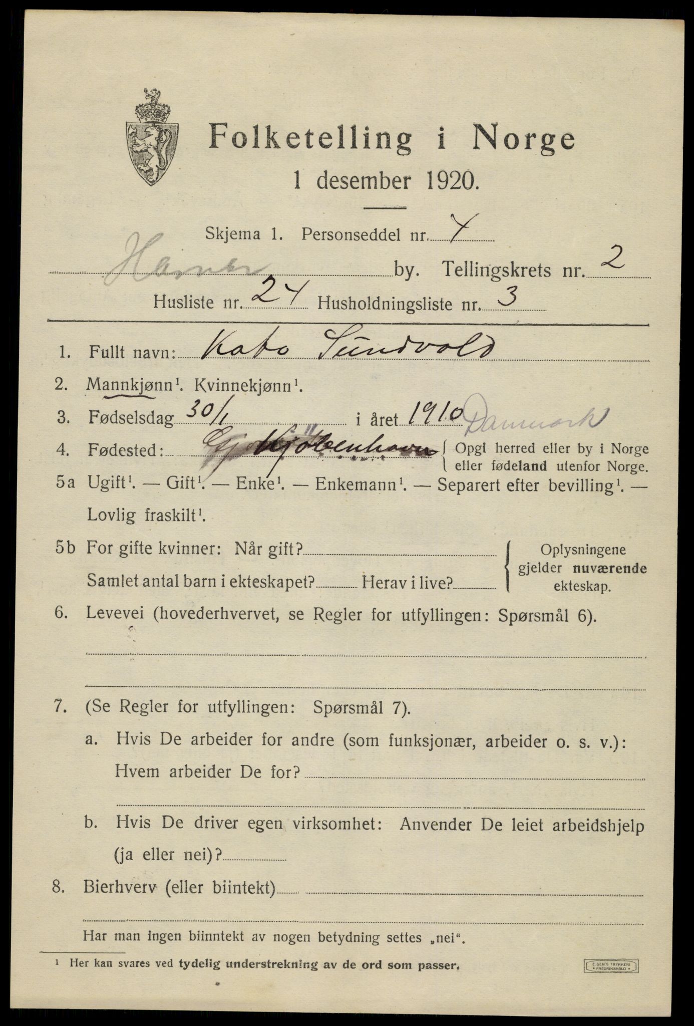 SAH, 1920 census for Gjøvik, 1920, p. 5160