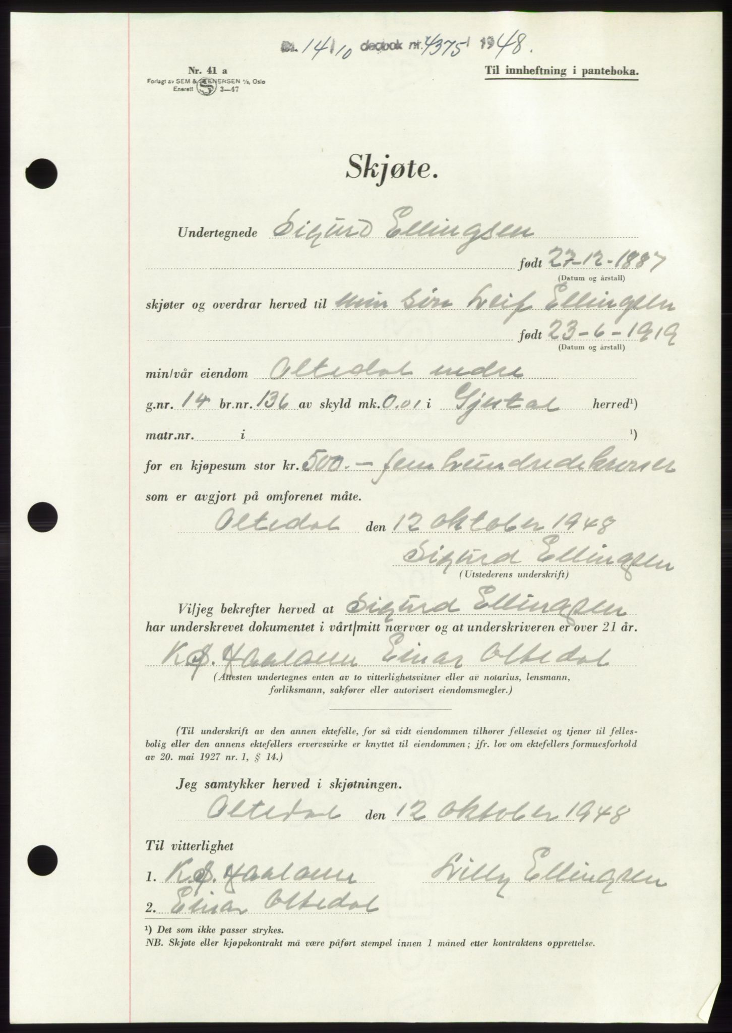 Jæren sorenskriveri, AV/SAST-A-100310/03/G/Gba/L0100: Mortgage book, 1948-1948, Diary no: : 4375/1948