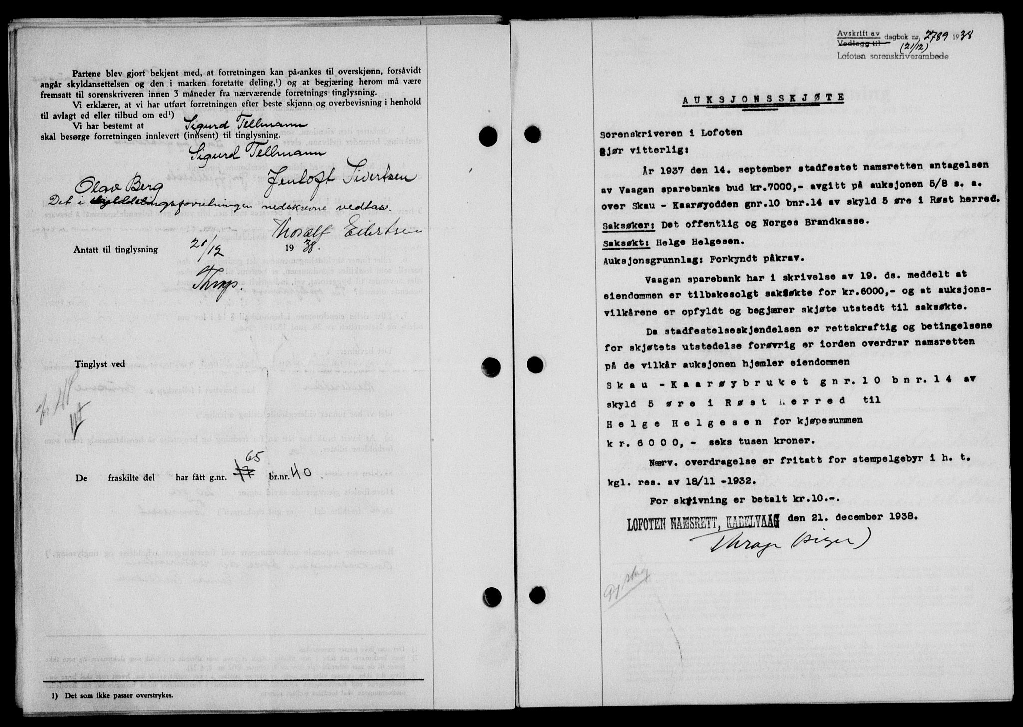 Lofoten sorenskriveri, SAT/A-0017/1/2/2C/L0005a: Mortgage book no. 5a, 1939-1939, Diary no: : 2789/1938