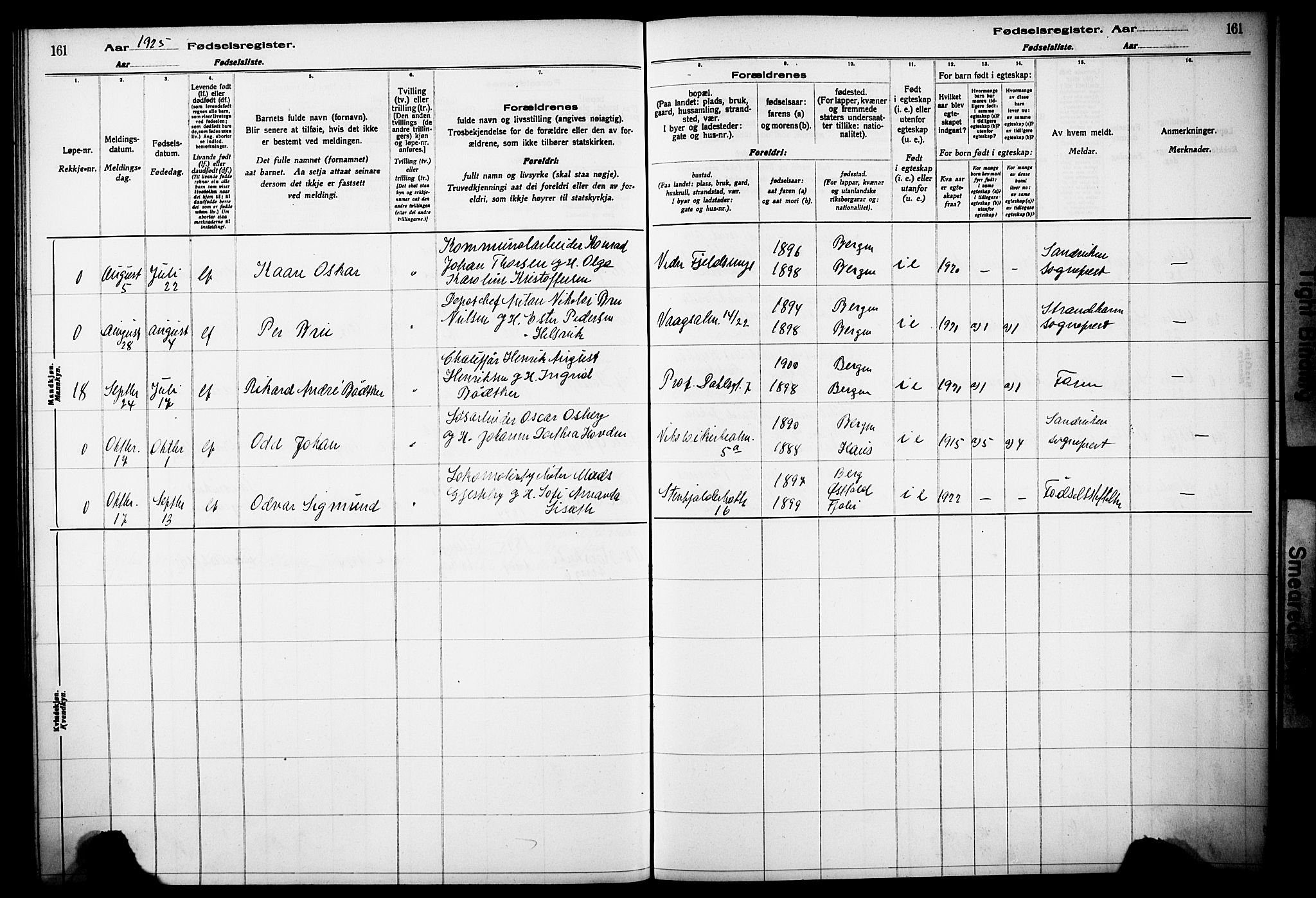 Korskirken sokneprestembete, AV/SAB-A-76101/I/Id/L00A1: Birth register no. A 1, 1916-1929, p. 161