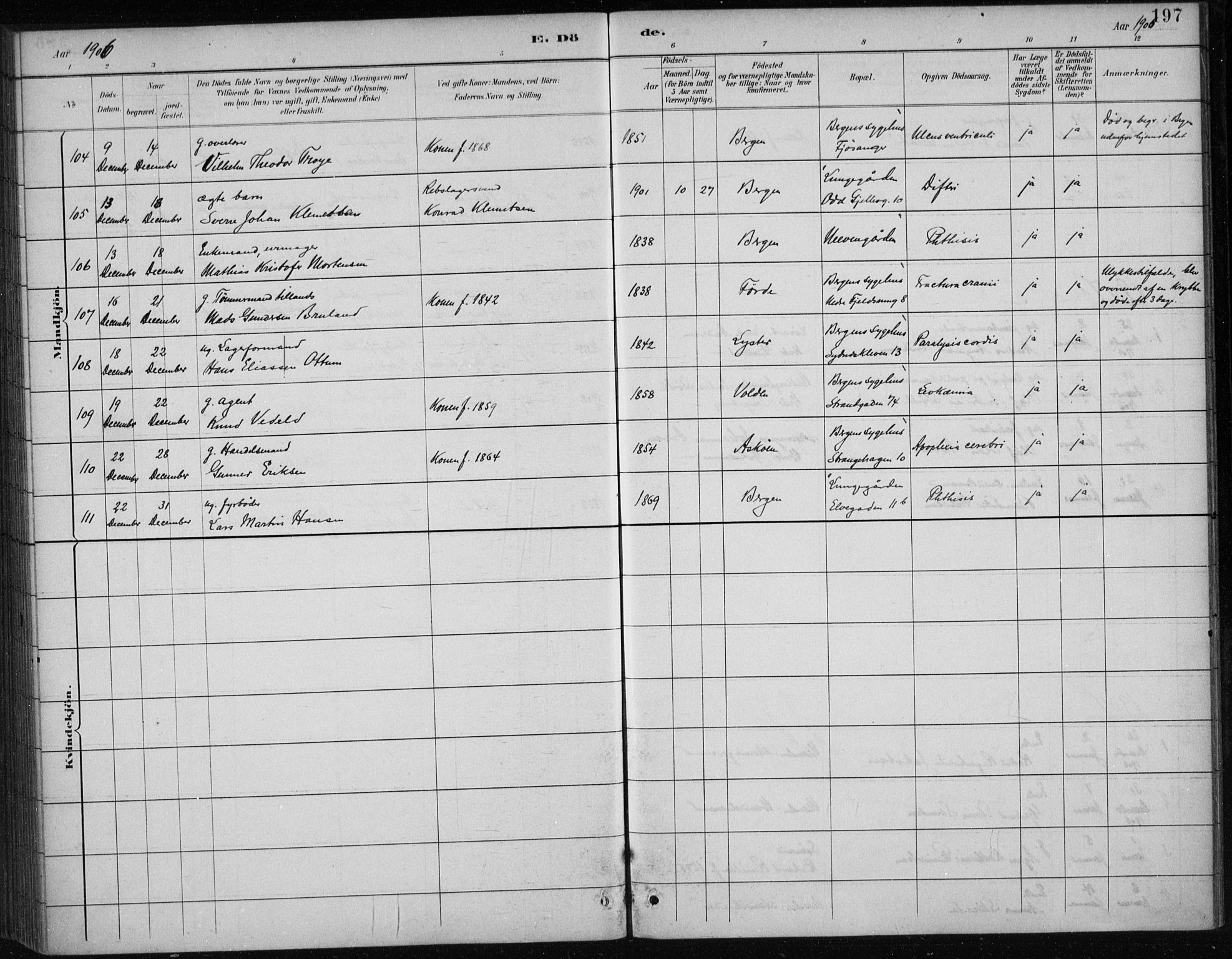 Bergen kommunale pleiehjem - stiftelsespresten, AV/SAB-A-100281: Parish register (official) no. A 5, 1887-1908, p. 197