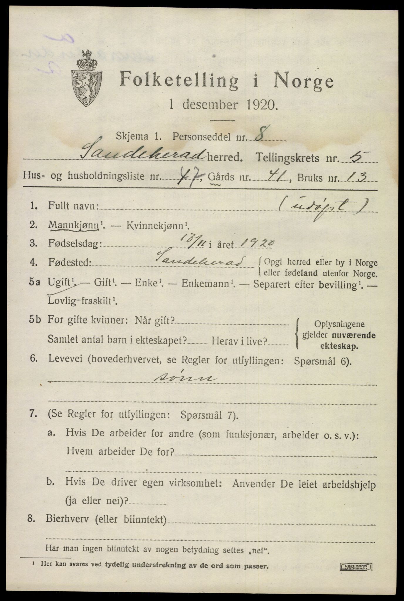 SAKO, 1920 census for Sandeherred, 1920, p. 8624