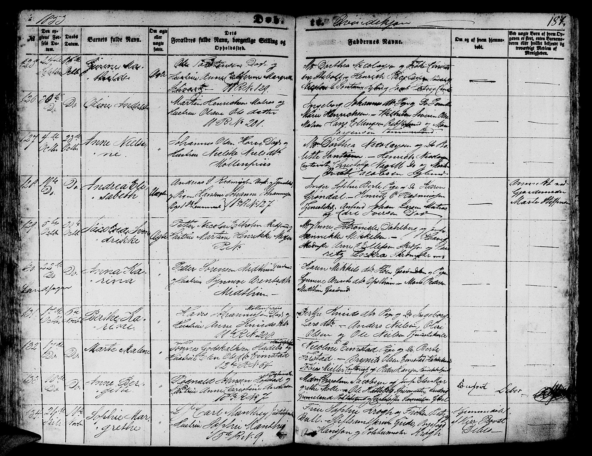 Domkirken sokneprestembete, AV/SAB-A-74801/H/Hab/L0010: Parish register (copy) no. B 3, 1849-1856, p. 187