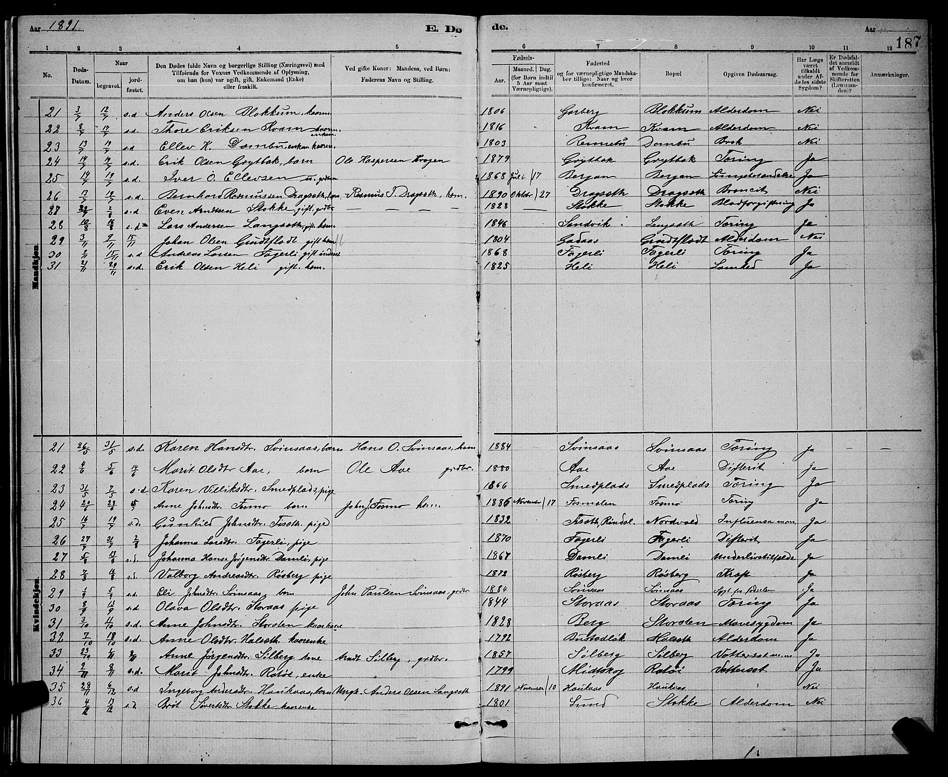 Ministerialprotokoller, klokkerbøker og fødselsregistre - Sør-Trøndelag, SAT/A-1456/672/L0863: Parish register (copy) no. 672C02, 1888-1901, p. 187