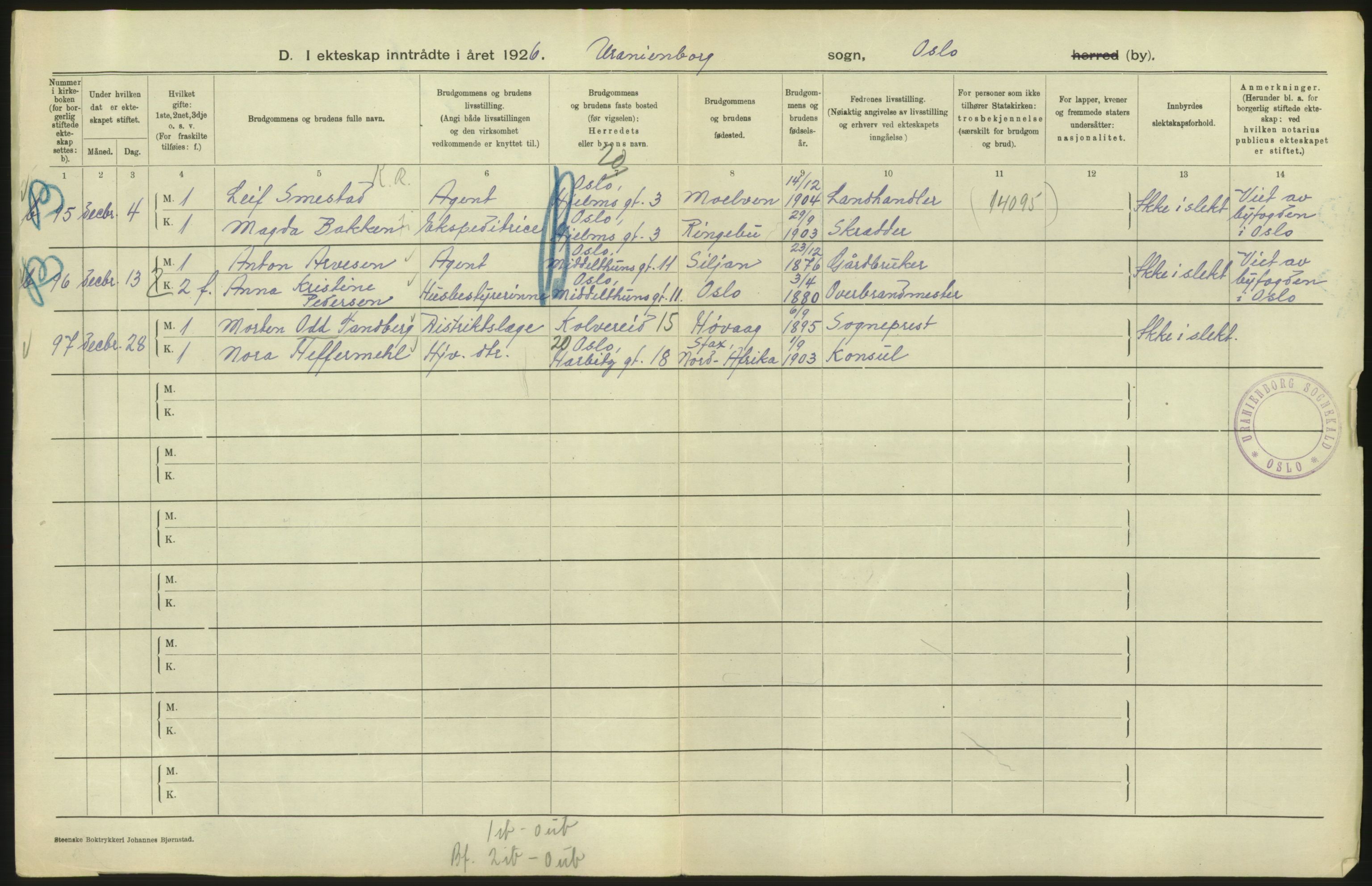 Statistisk sentralbyrå, Sosiodemografiske emner, Befolkning, AV/RA-S-2228/D/Df/Dfc/Dfcf/L0008: Oslo: Gifte, 1926, p. 194