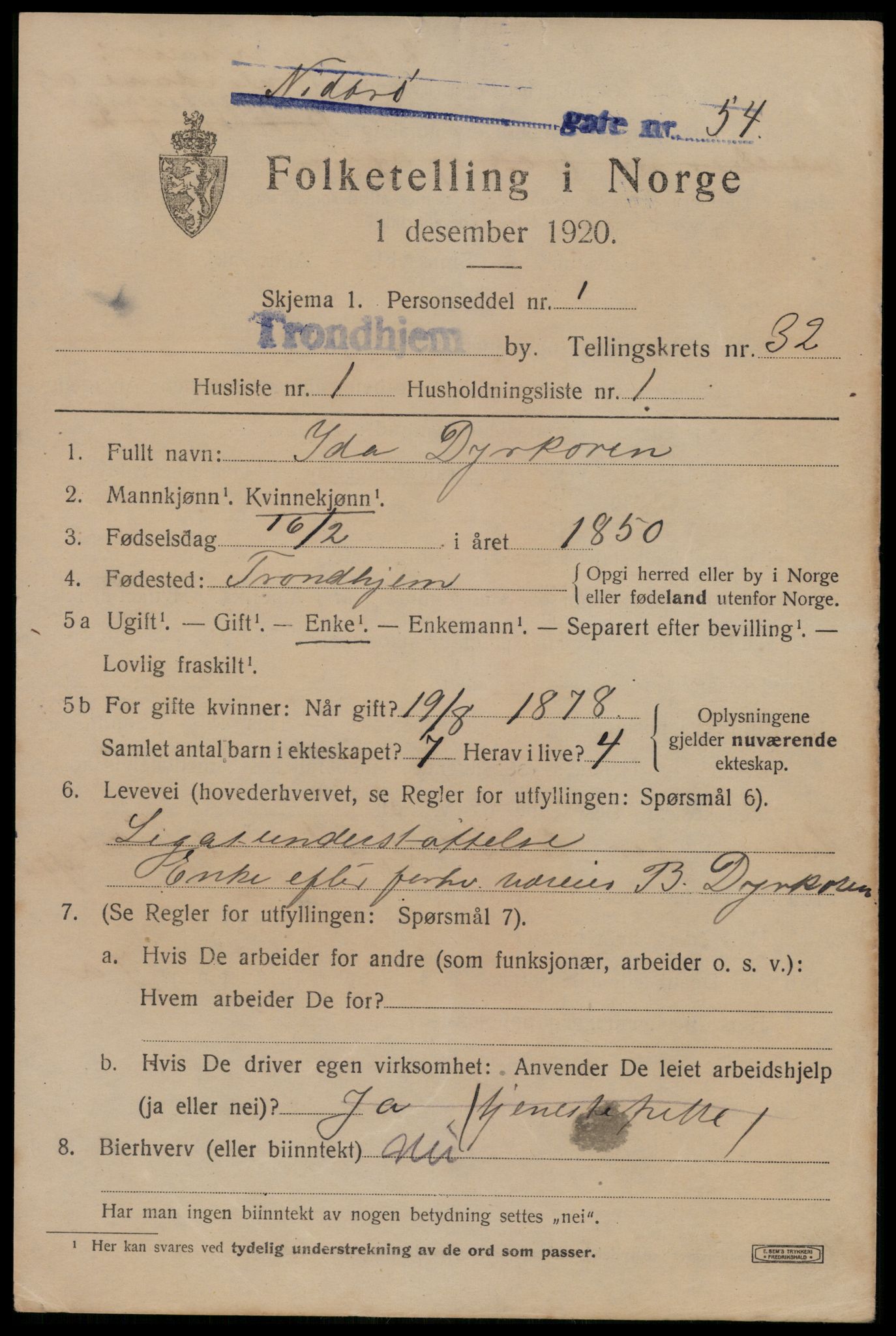 SAT, 1920 census for Trondheim, 1920, p. 77200