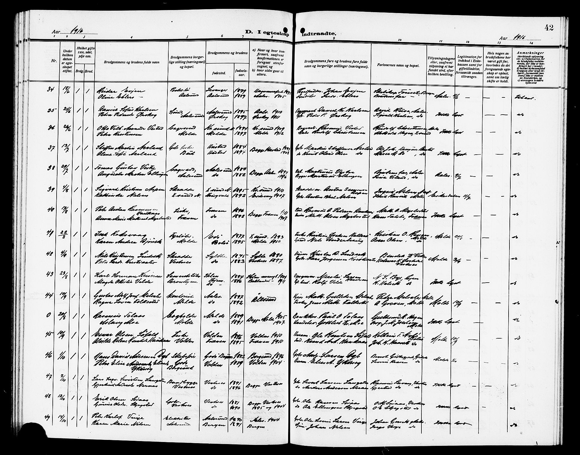 Ministerialprotokoller, klokkerbøker og fødselsregistre - Møre og Romsdal, AV/SAT-A-1454/558/L0703: Parish register (copy) no. 558C04, 1906-1921, p. 42