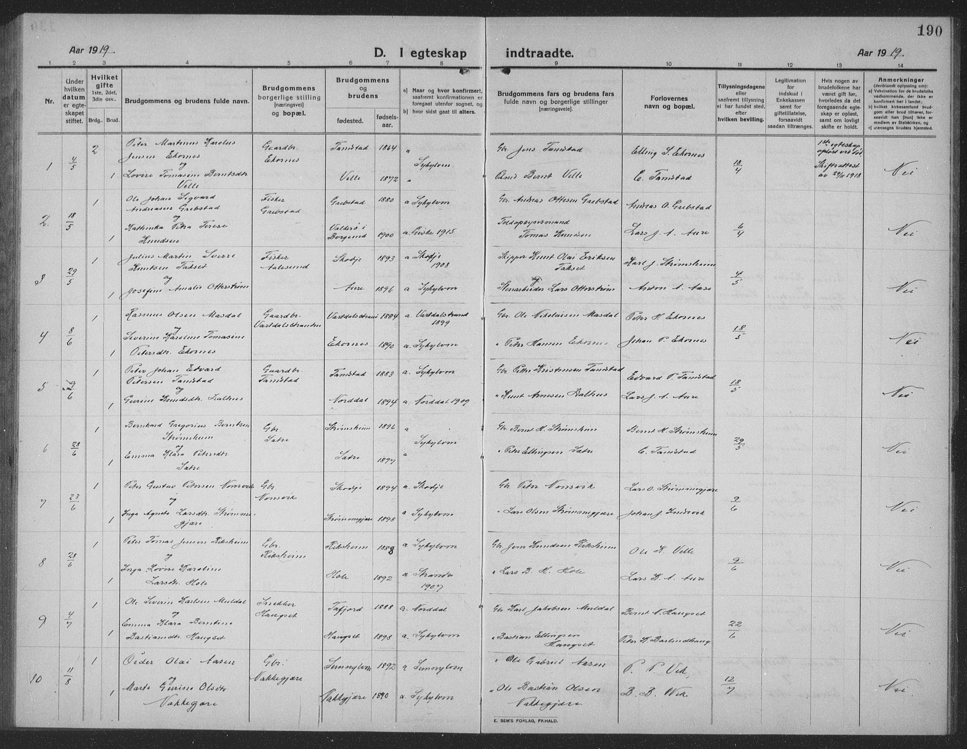 Ministerialprotokoller, klokkerbøker og fødselsregistre - Møre og Romsdal, AV/SAT-A-1454/523/L0342: Parish register (copy) no. 523C05, 1916-1937, p. 190