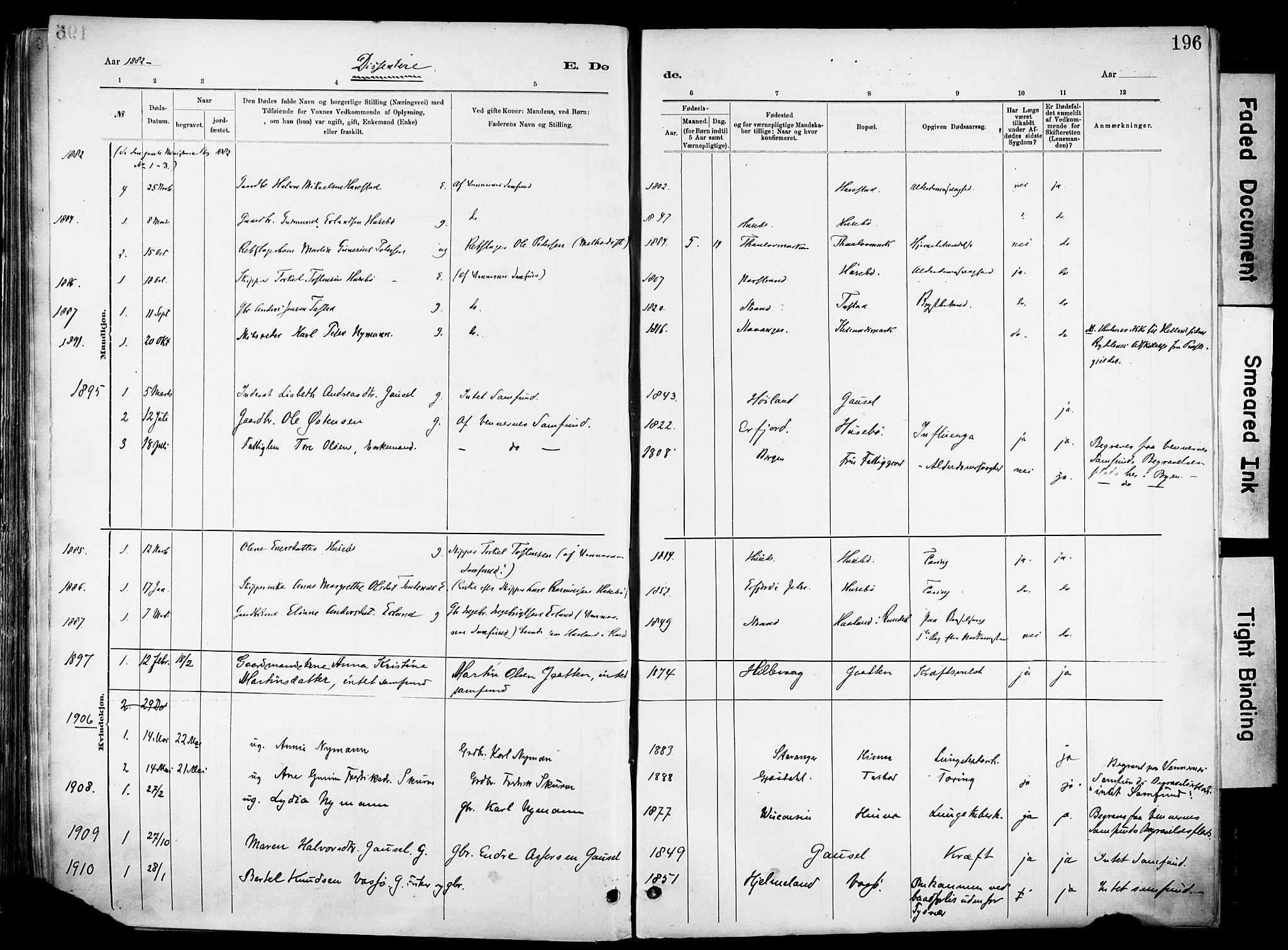 Hetland sokneprestkontor, SAST/A-101826/30/30BA/L0012: Parish register (official) no. A 12, 1882-1912, p. 196