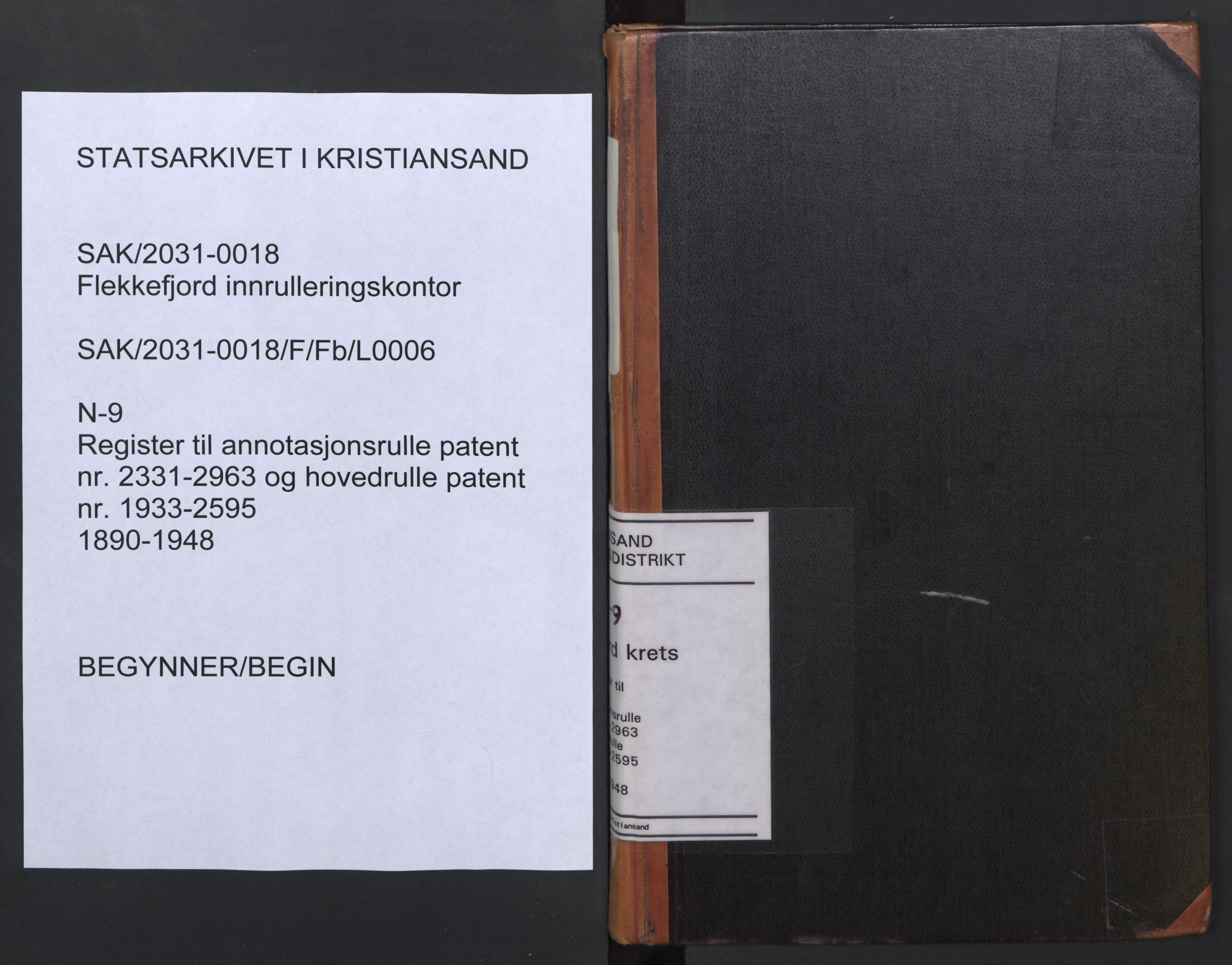 Flekkefjord mønstringskrets, SAK/2031-0018/F/Fb/L0006: Register til annotasjonsrulle nr 2331-2963 og hovedrulle nr 1933-2595, N-9, 1890-1948, p. 1