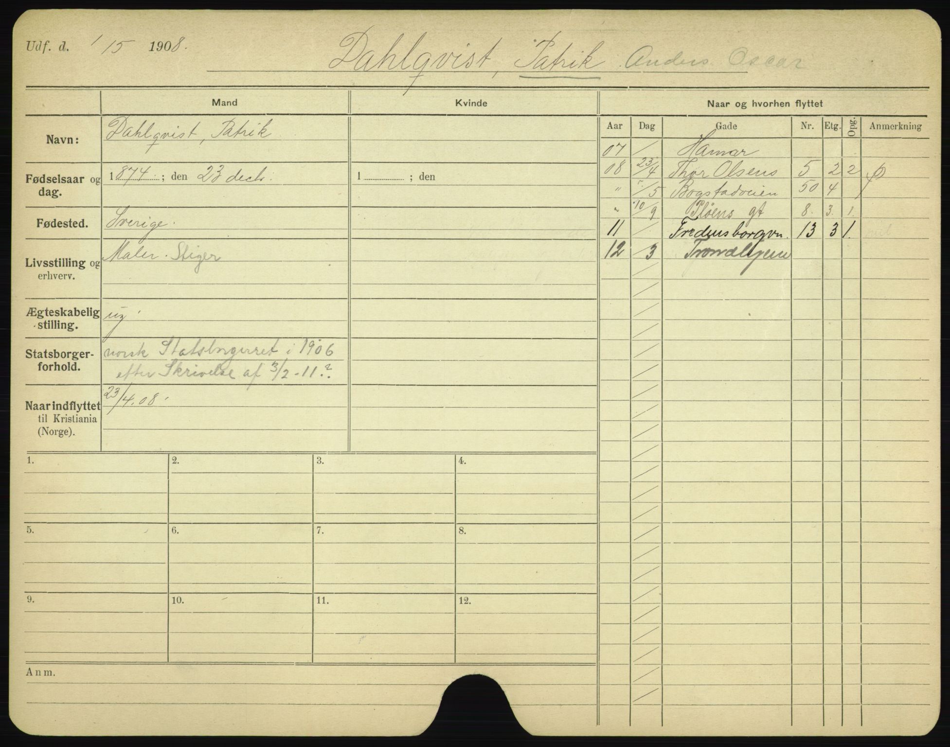 Oslo folkeregister, Registerkort, AV/SAO-A-11715/F/Fa/Fac/L0002: Menn, 1906-1914, p. 575a