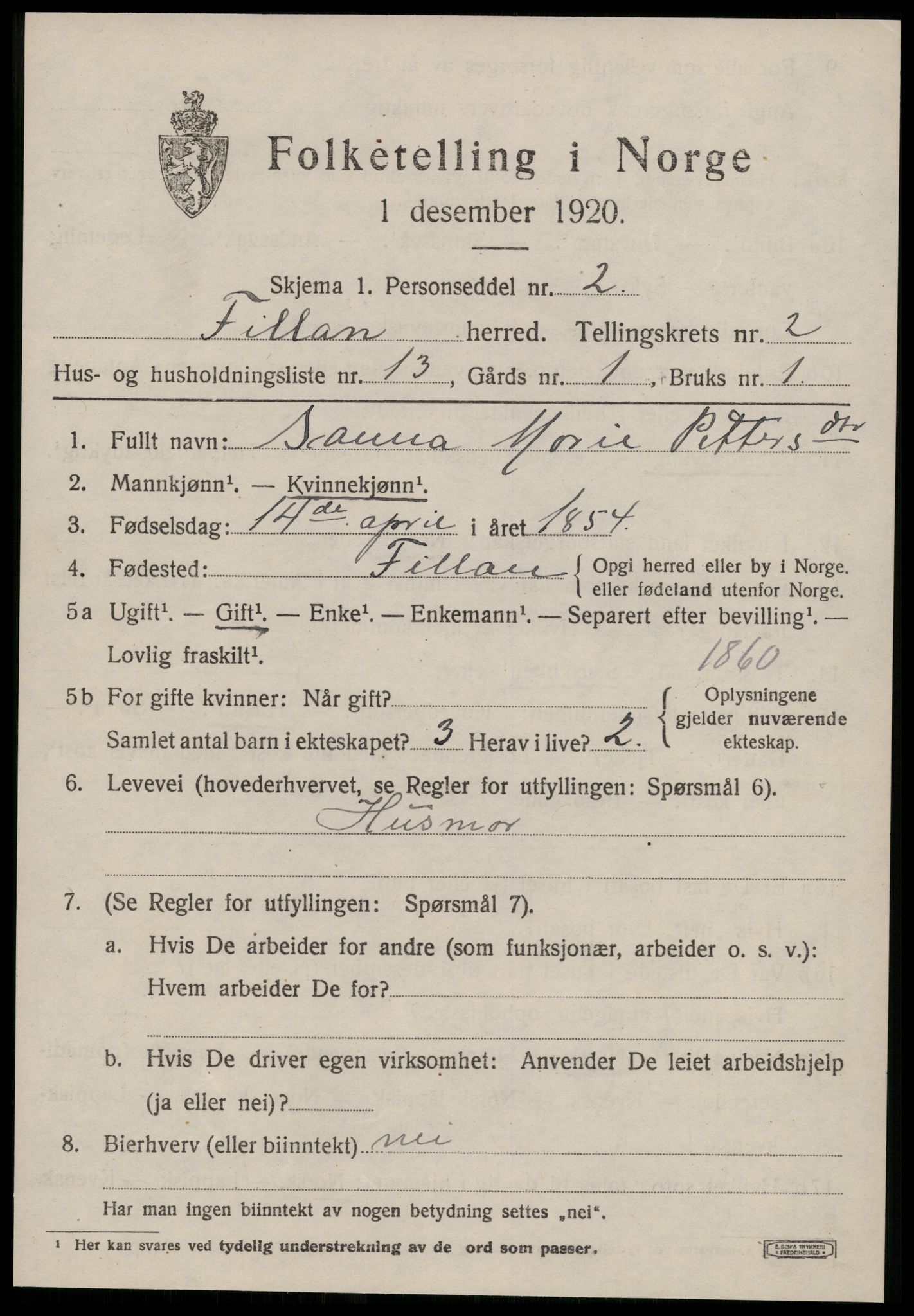 SAT, 1920 census for Fillan, 1920, p. 1458