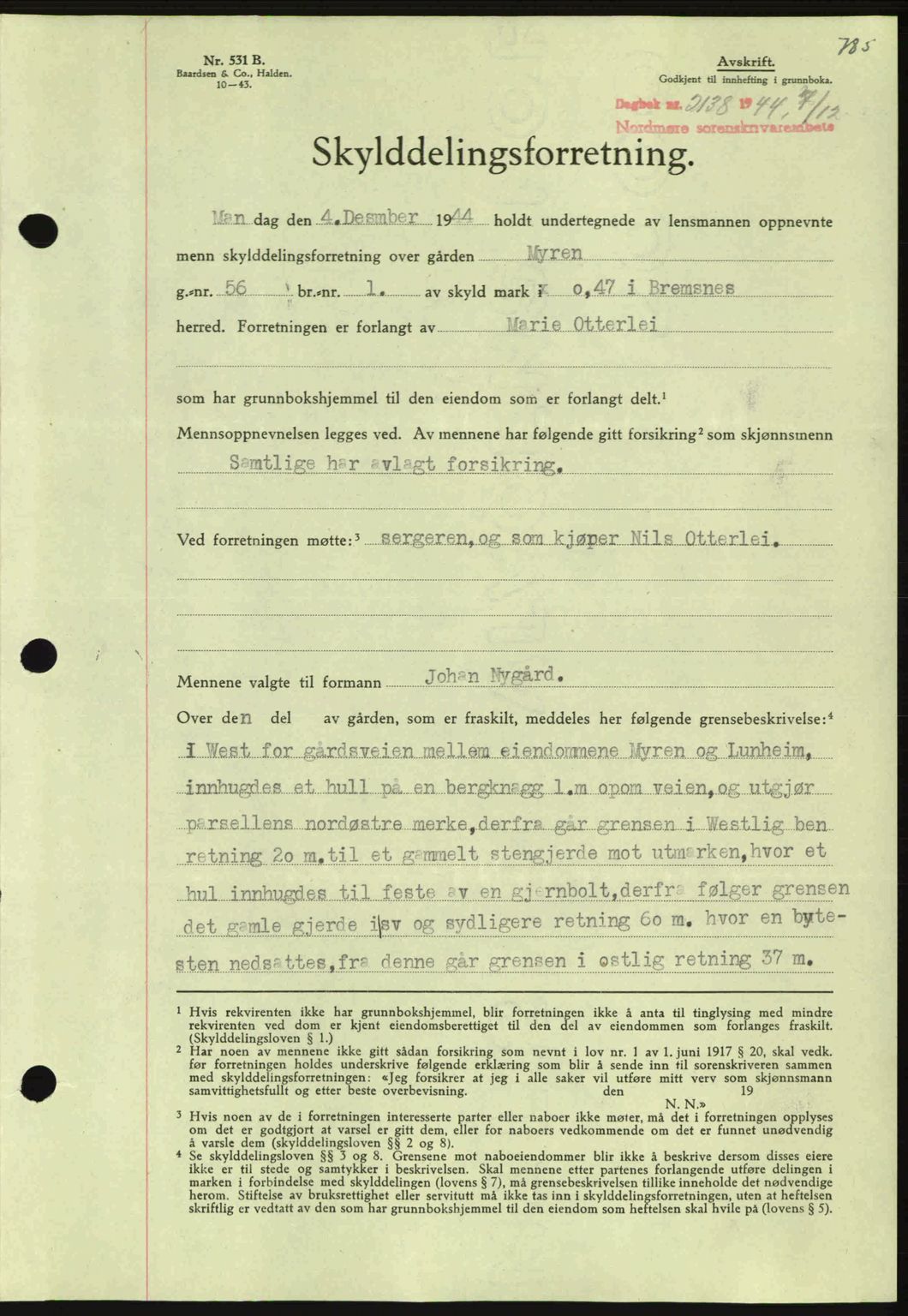 Nordmøre sorenskriveri, AV/SAT-A-4132/1/2/2Ca: Mortgage book no. A98, 1944-1944, Diary no: : 2138/1944