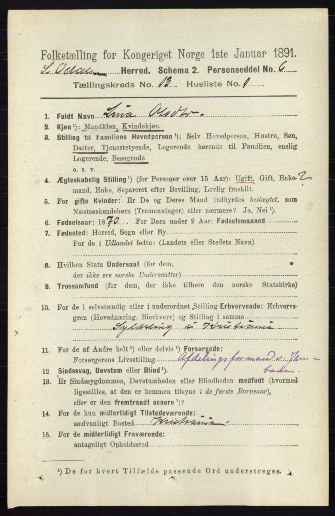 RA, 1891 census for 0419 Sør-Odal, 1891, p. 5567