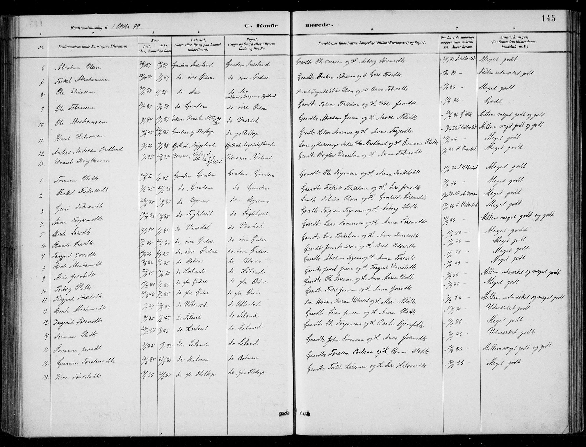 Bjelland sokneprestkontor, SAK/1111-0005/F/Fb/Fbc/L0003: Parish register (copy) no. B 3, 1887-1924, p. 145