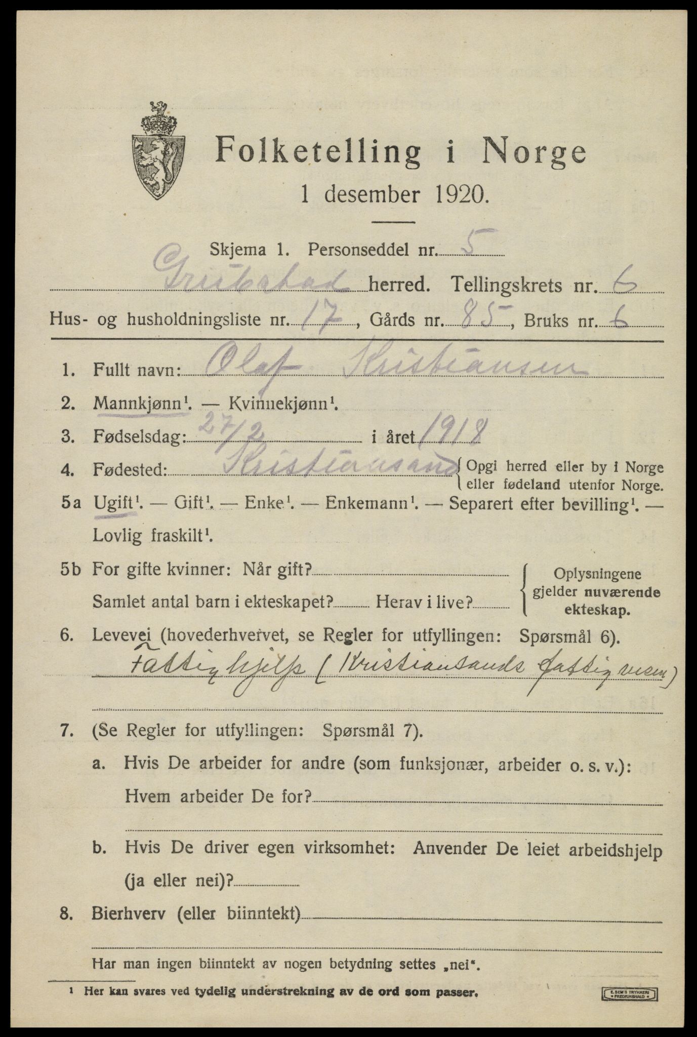 SAK, 1920 census for Greipstad, 1920, p. 2078