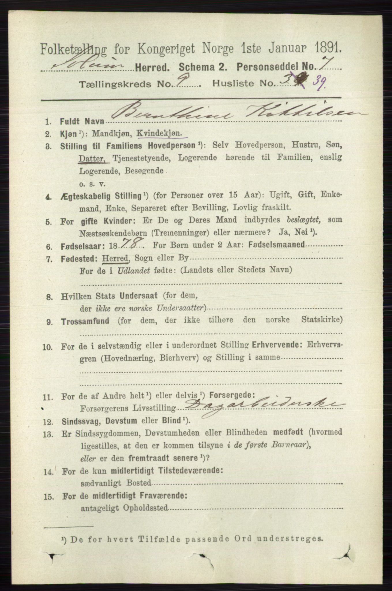 RA, 1891 census for 0818 Solum, 1891, p. 2186