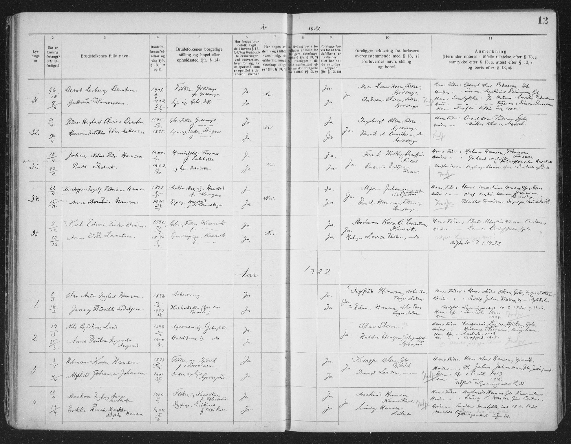 Lenvik sokneprestembete, SATØ/S-1310/I/Ie/L0117: Banns register no. 117, 1919-1940, p. 12