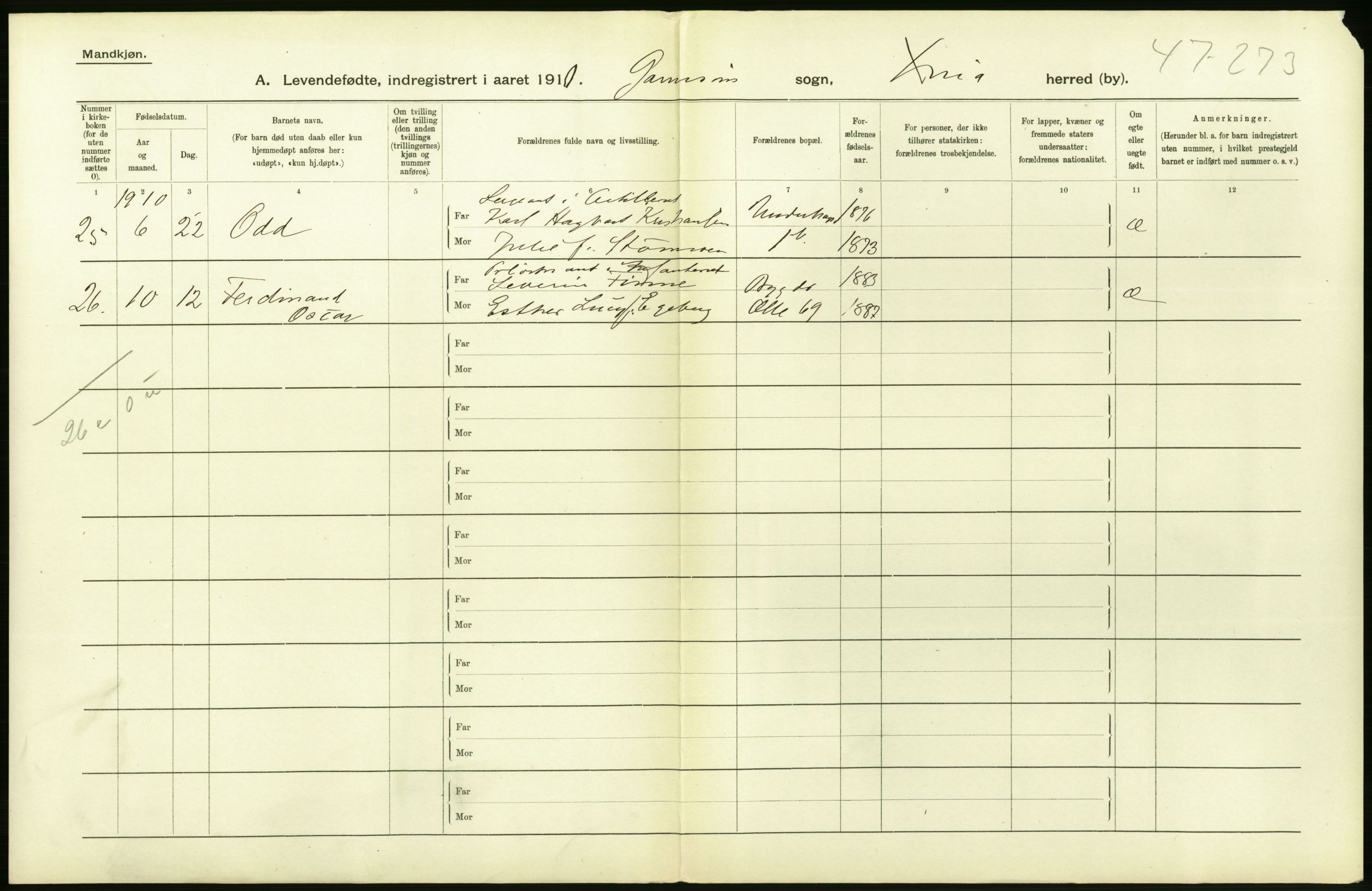 Statistisk sentralbyrå, Sosiodemografiske emner, Befolkning, AV/RA-S-2228/D/Df/Dfa/Dfah/L0006: Kristiania: Levendefødte menn., 1910, p. 176