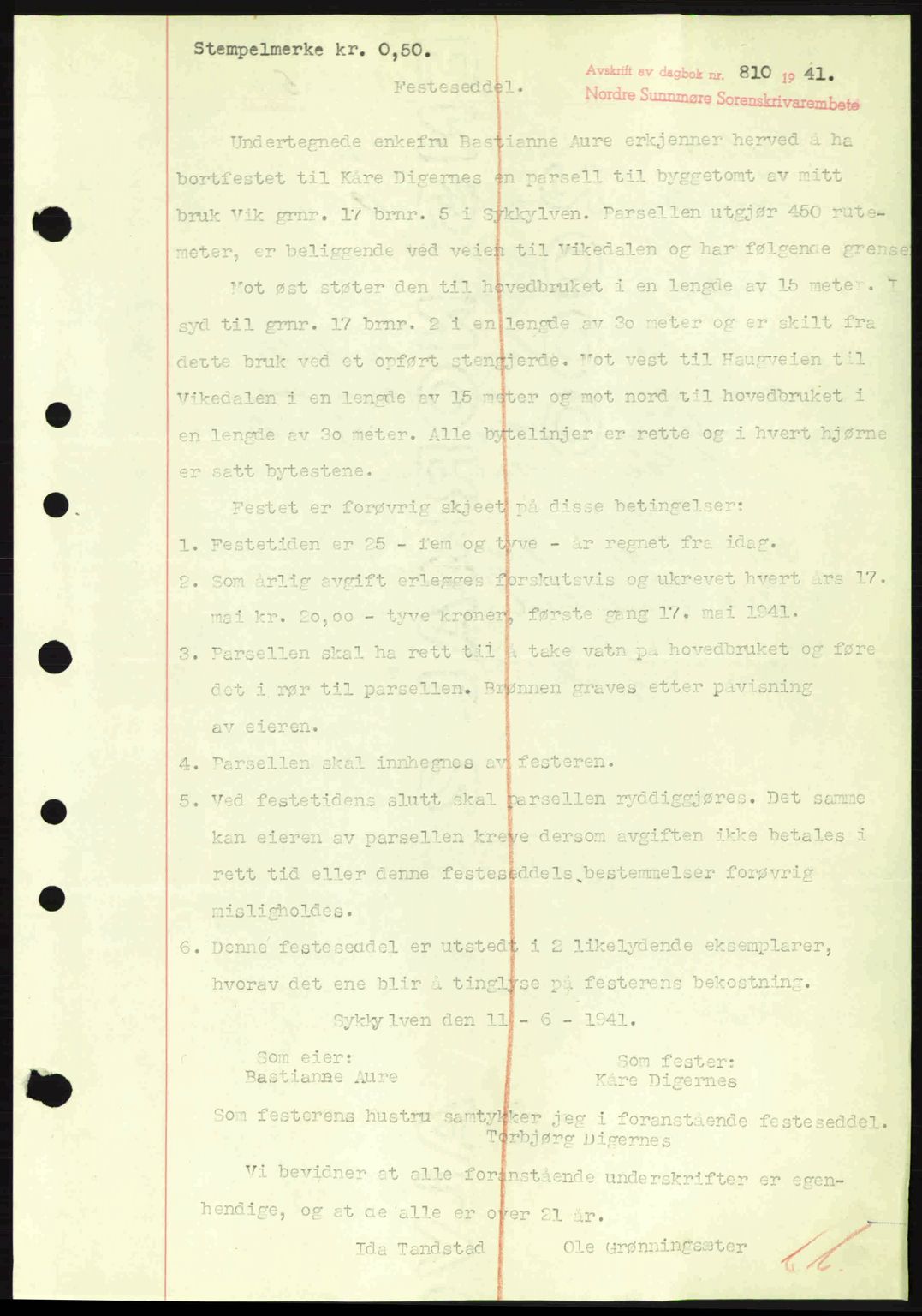 Nordre Sunnmøre sorenskriveri, SAT/A-0006/1/2/2C/2Ca: Mortgage book no. A11, 1941-1941, Diary no: : 810/1941