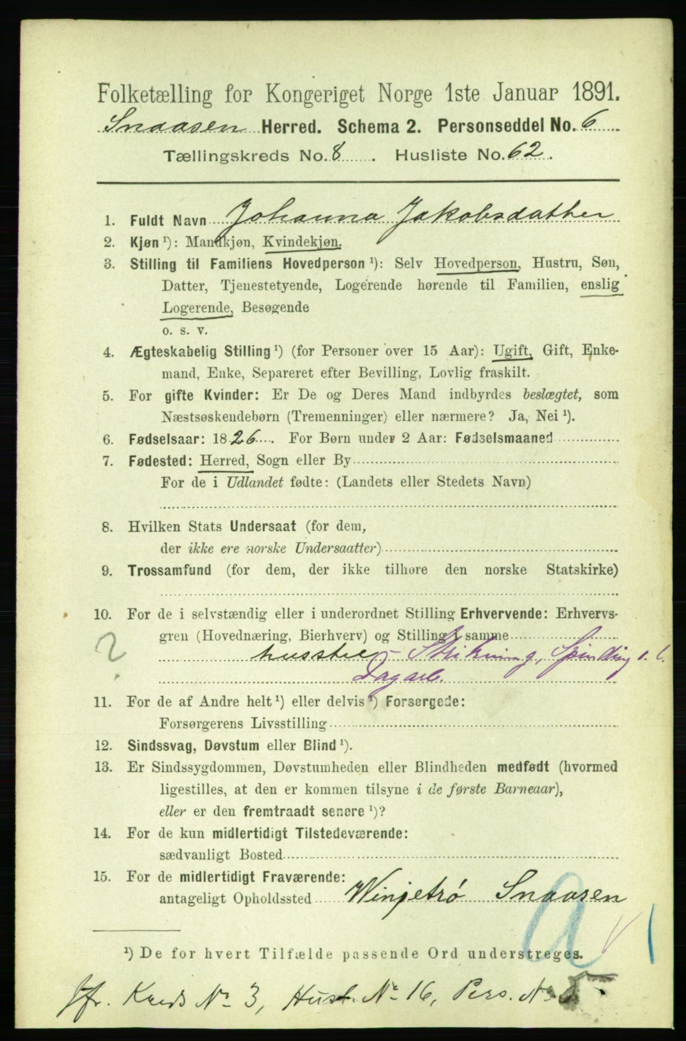 RA, 1891 census for 1736 Snåsa, 1891, p. 3056